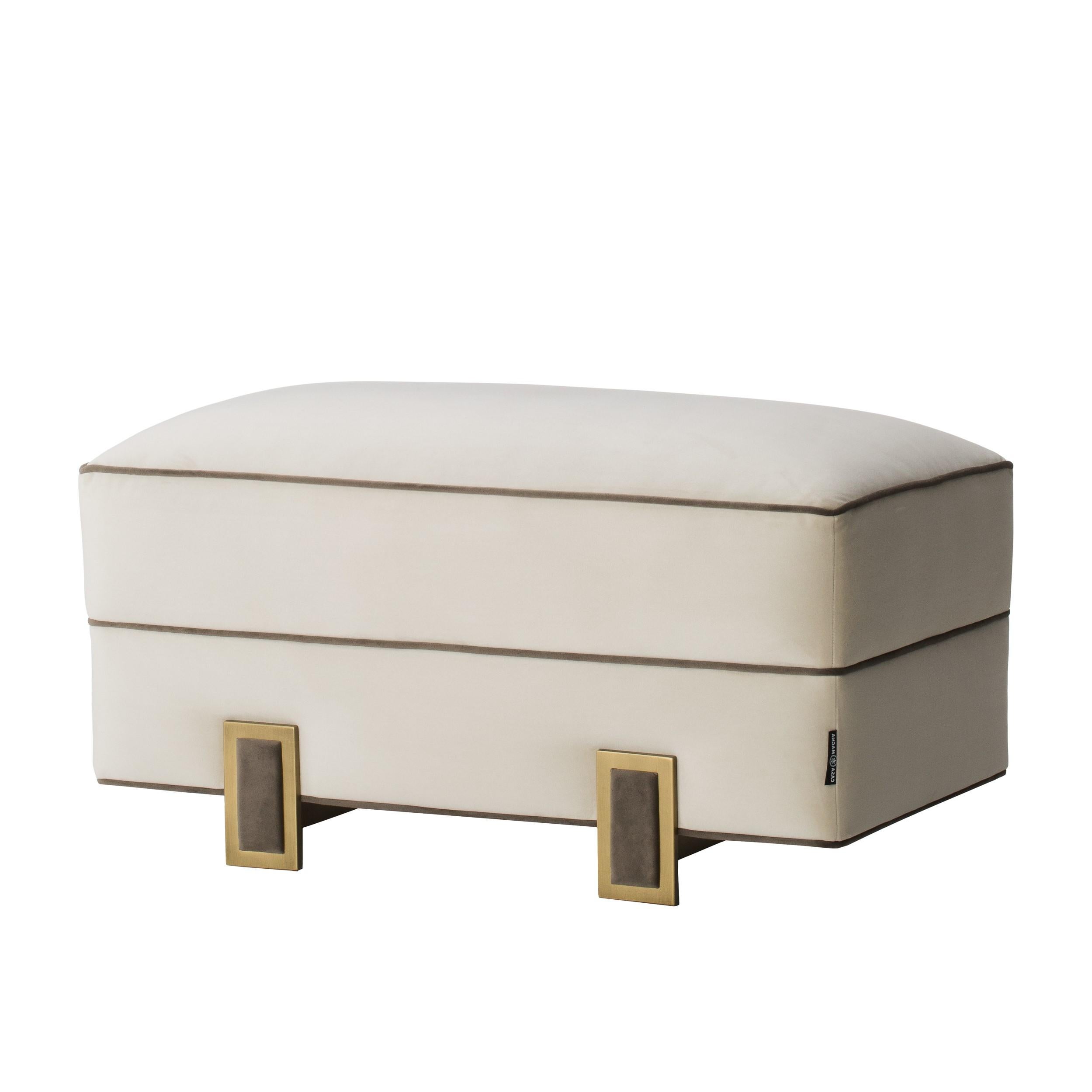 LUSO stool is a very delicate and well-balanced piece, upholstered in fabric with a contrasting piping detail and base in antique brass color.‎ Perfectly matches with the Luso sofa, completing the perfect setting.‎ Also available with eco-leather,