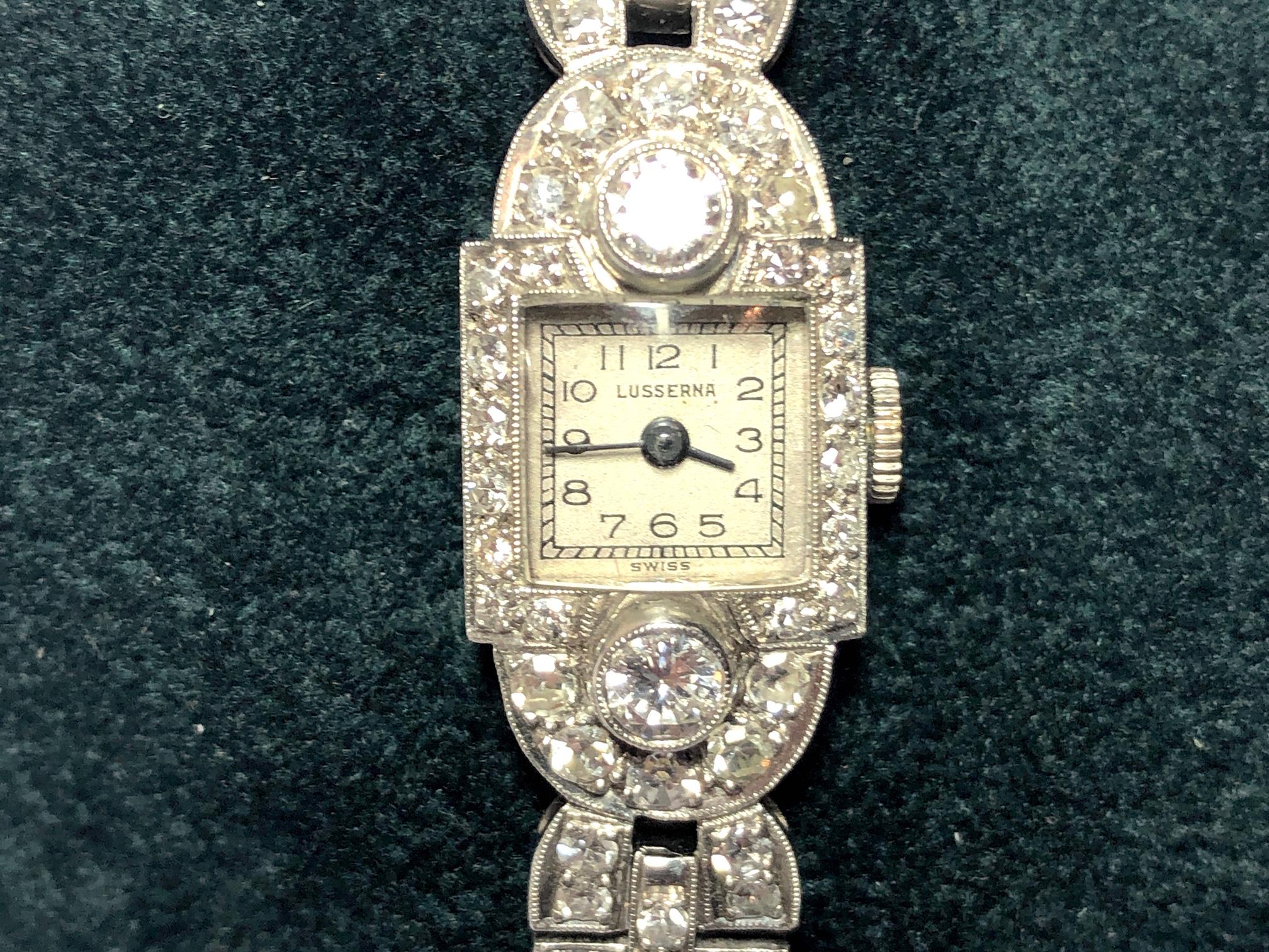 Women's Lusserna Art Deco Diamond and Platinum Cocktail Wristwatch, Circa 1930 For Sale