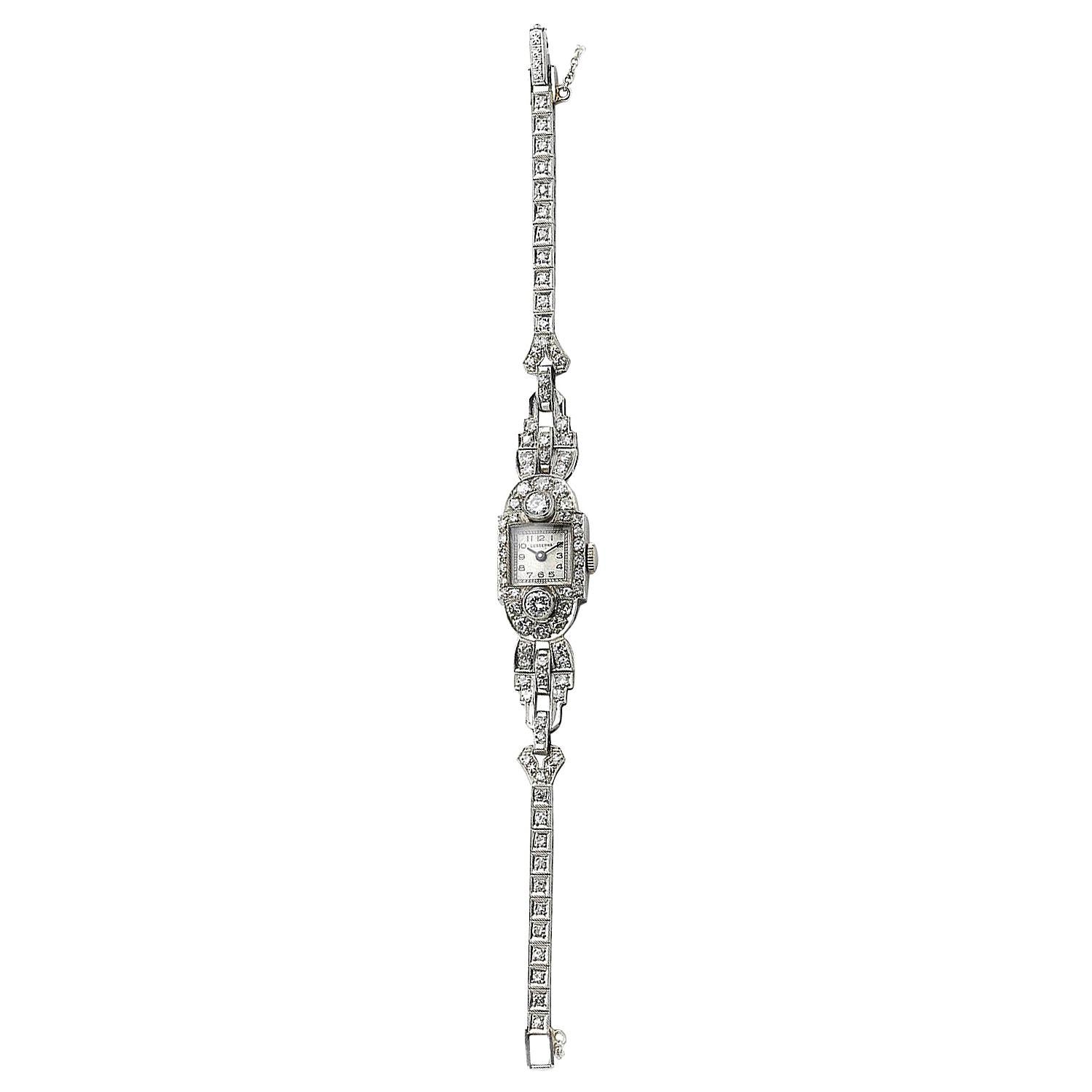 Montre-bracelet cocktail Art déco Lusserna en platine et diamants, vers 1930 en vente