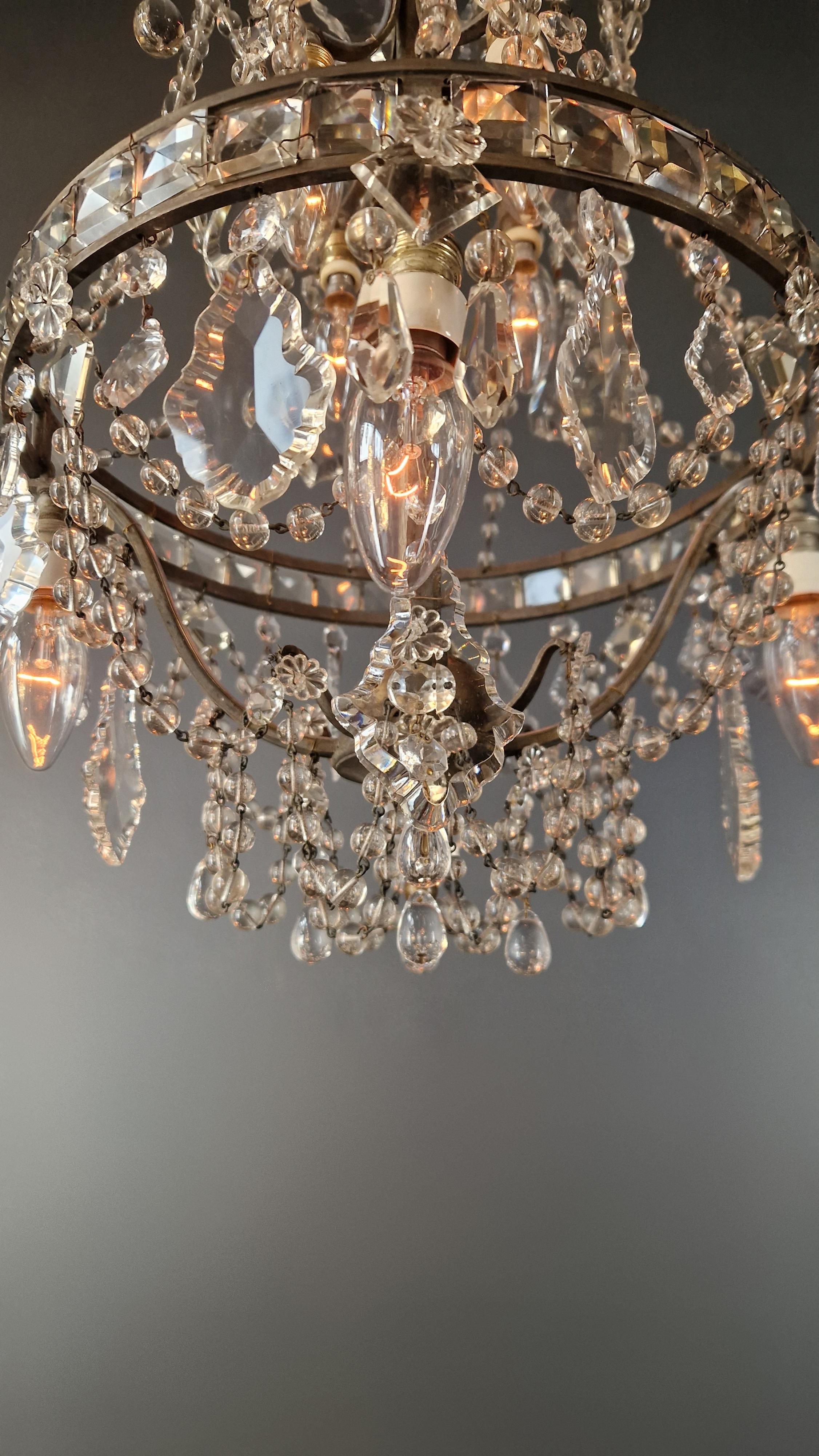 Lustre A Cage Antique Art Nouveau Brass Ceiling Crystal Chandelier For Sale 3