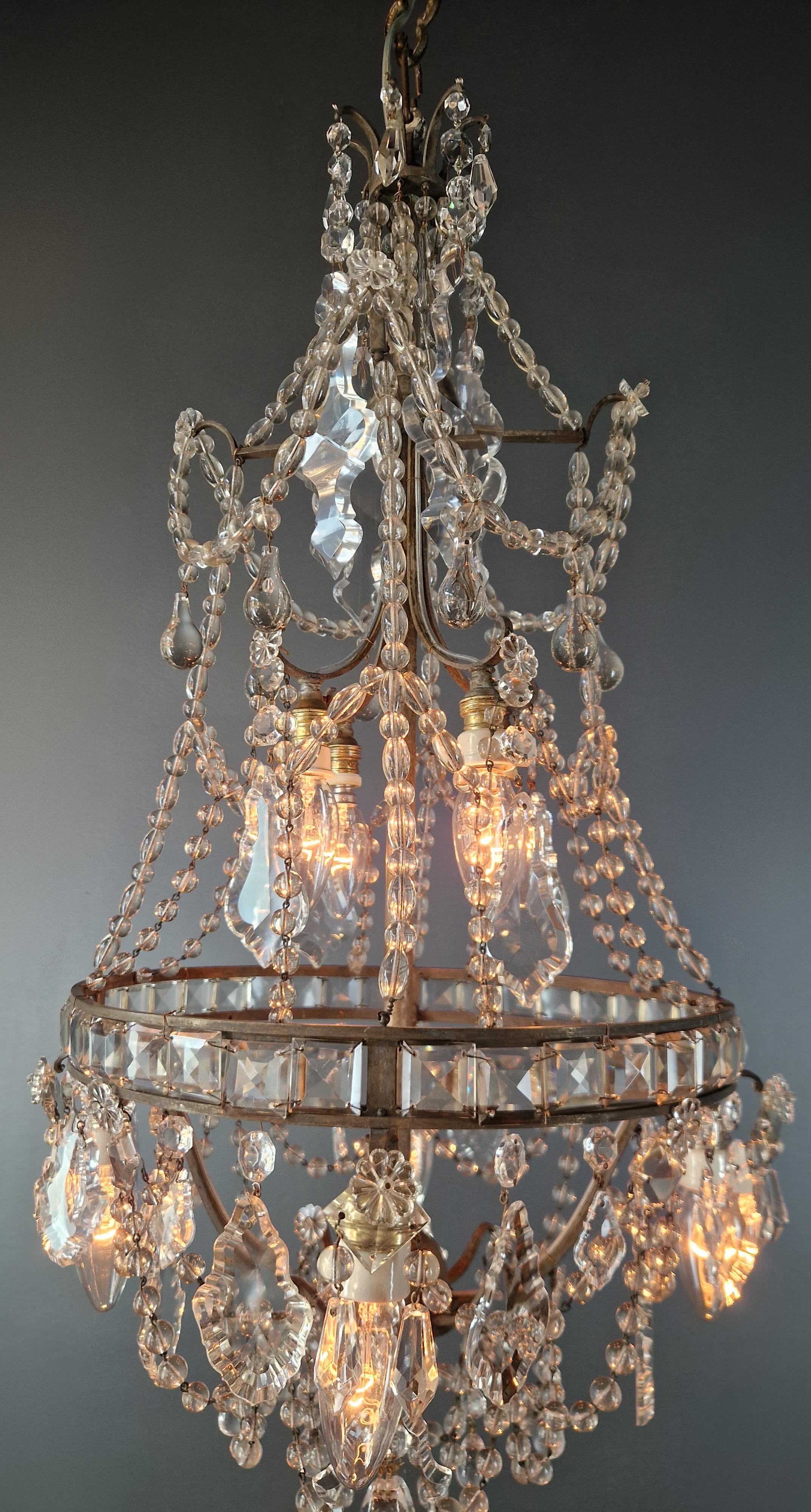 Lustre A Cage Antique Art Nouveau Brass Ceiling Crystal Chandelier For Sale 5