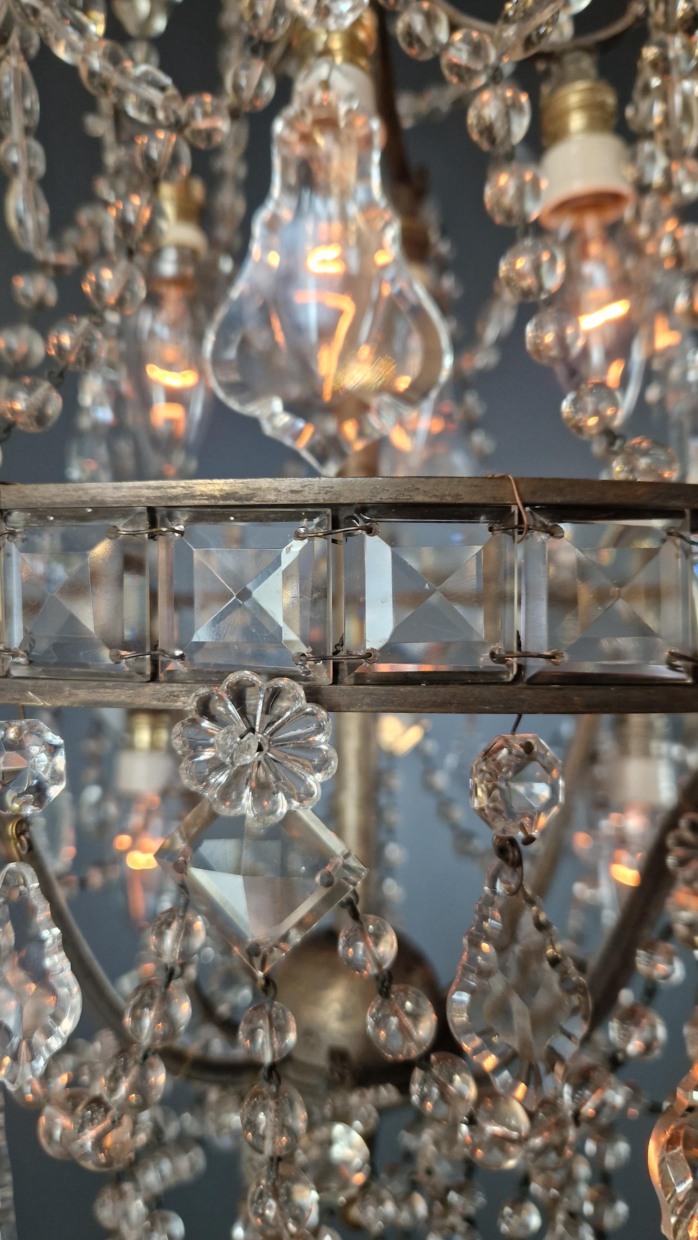 Lustre A Cage Antique Art Nouveau Brass Ceiling Crystal Chandelier For Sale 7