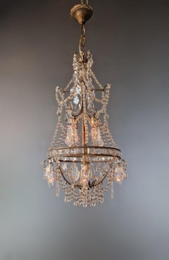 Lustre A Cage Antique Art Nouveau Brass Ceiling Crystal Chandelier