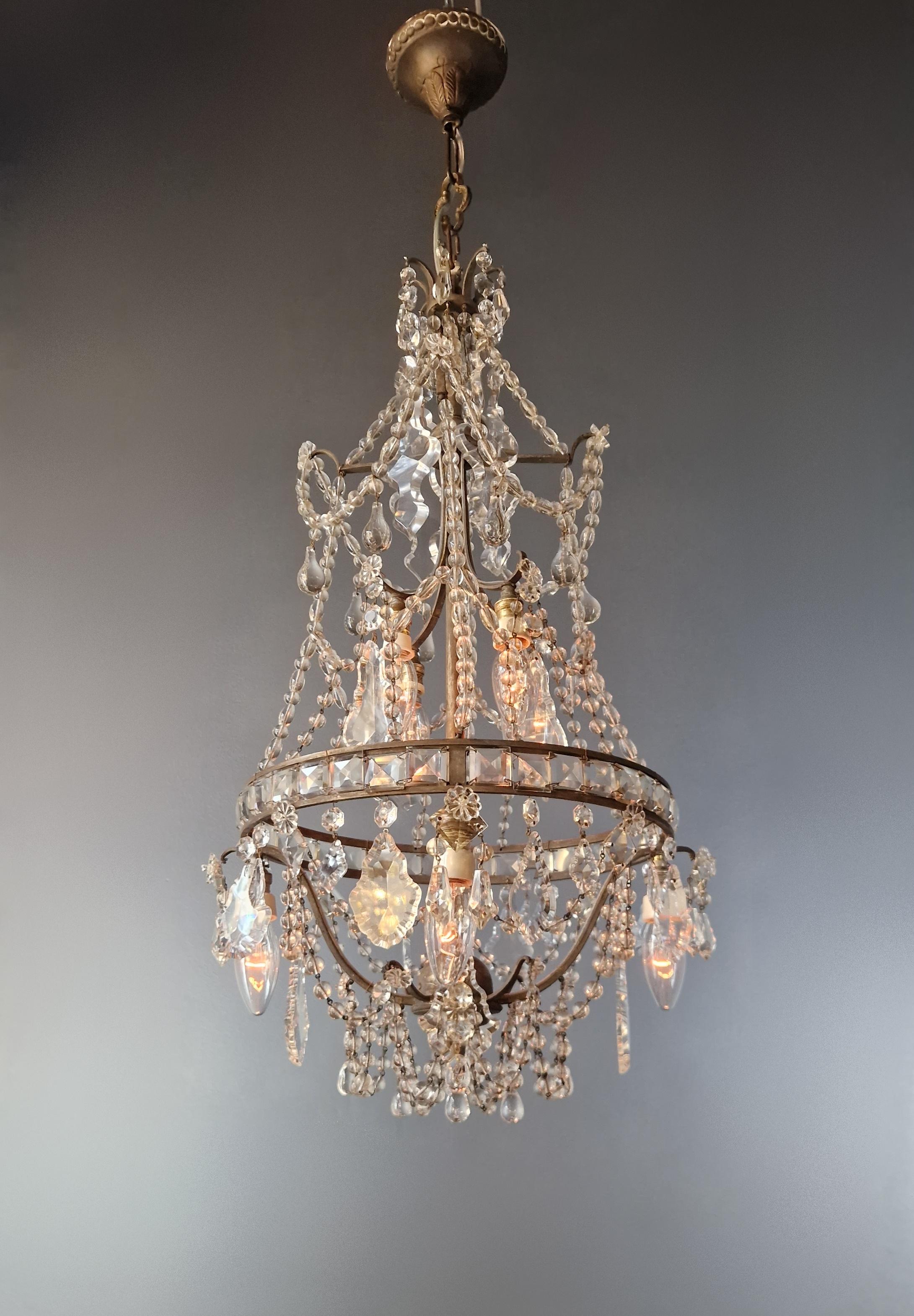 Anglo-Indian Lustre A Cage Antique Art Nouveau Brass Ceiling Crystal Chandelier For Sale