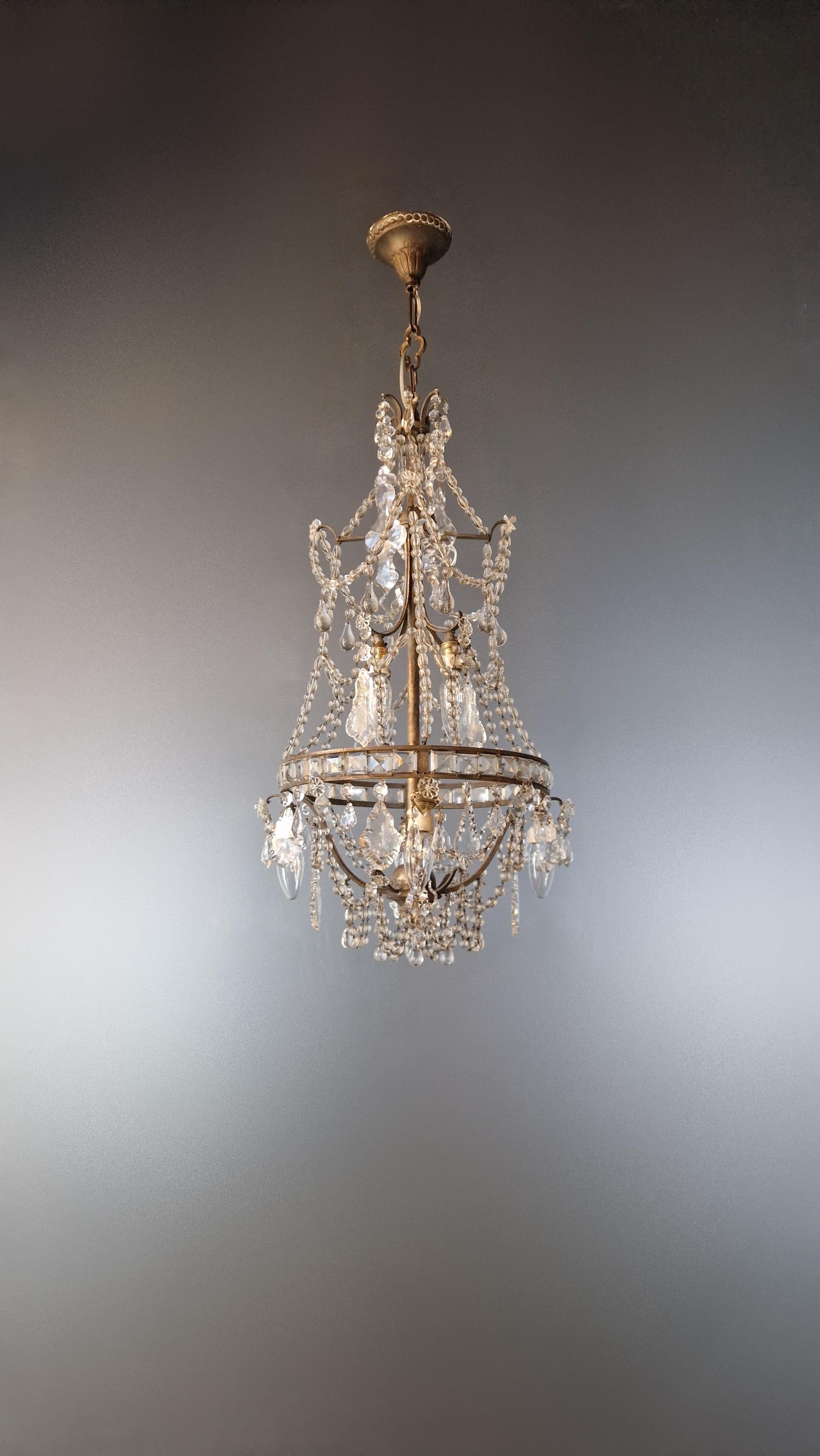 Italian Lustre A Cage Antique Art Nouveau Brass Ceiling Crystal Chandelier For Sale