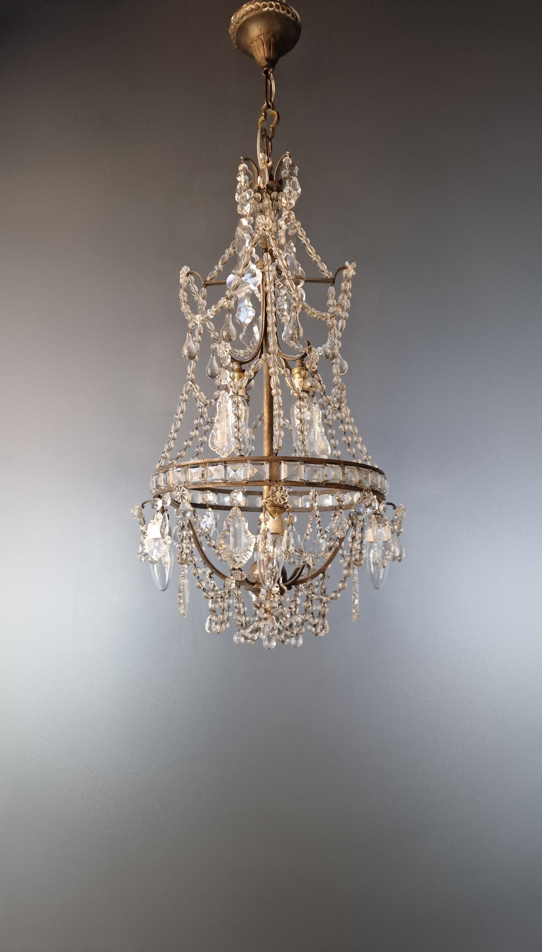 Hand-Knotted Lustre A Cage Antique Art Nouveau Brass Ceiling Crystal Chandelier For Sale