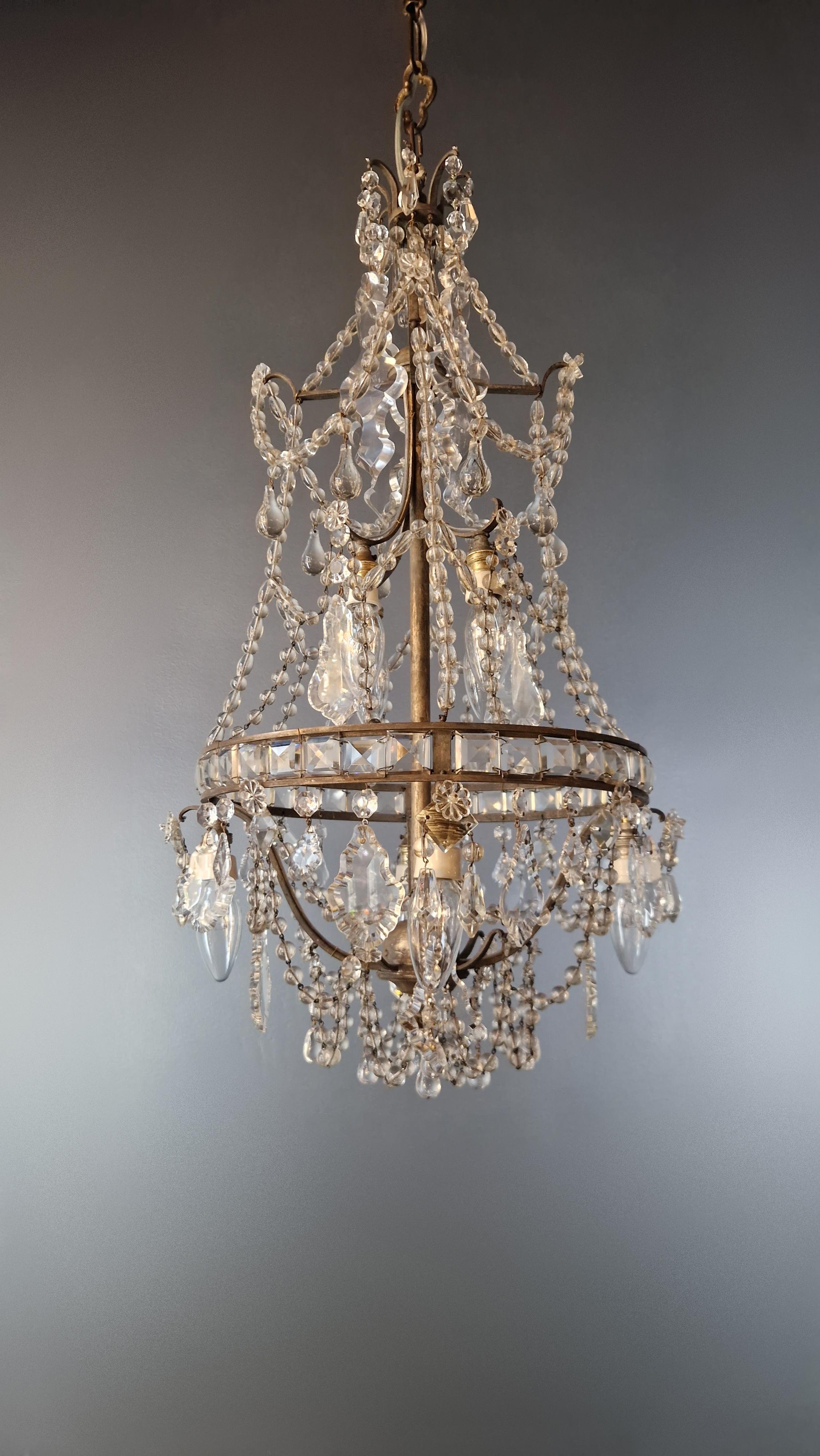Lustre A Cage Antique Art Nouveau Brass Ceiling Crystal Chandelier In Good Condition For Sale In Berlin, DE