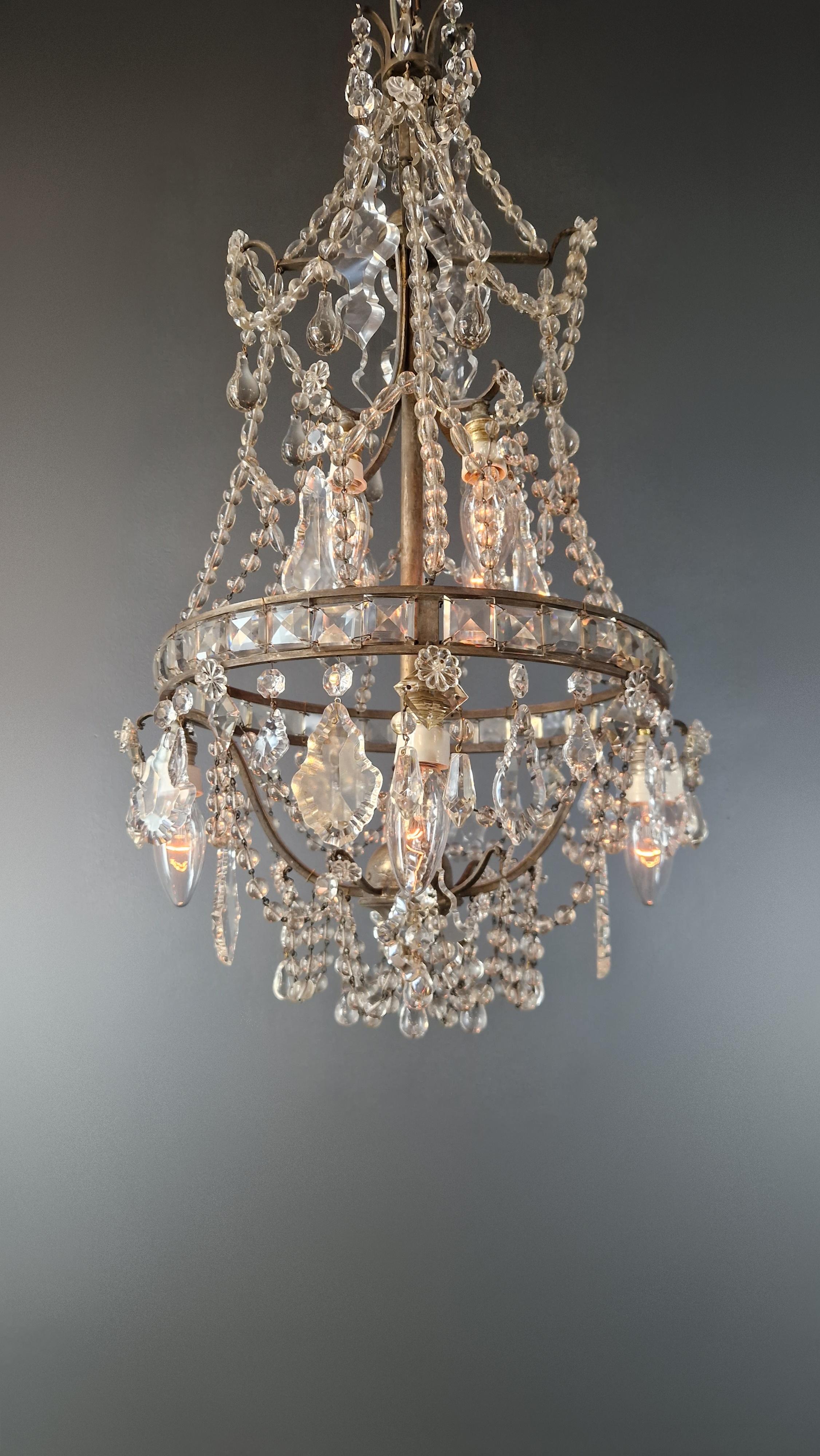 Early 20th Century Lustre A Cage Antique Art Nouveau Brass Ceiling Crystal Chandelier For Sale