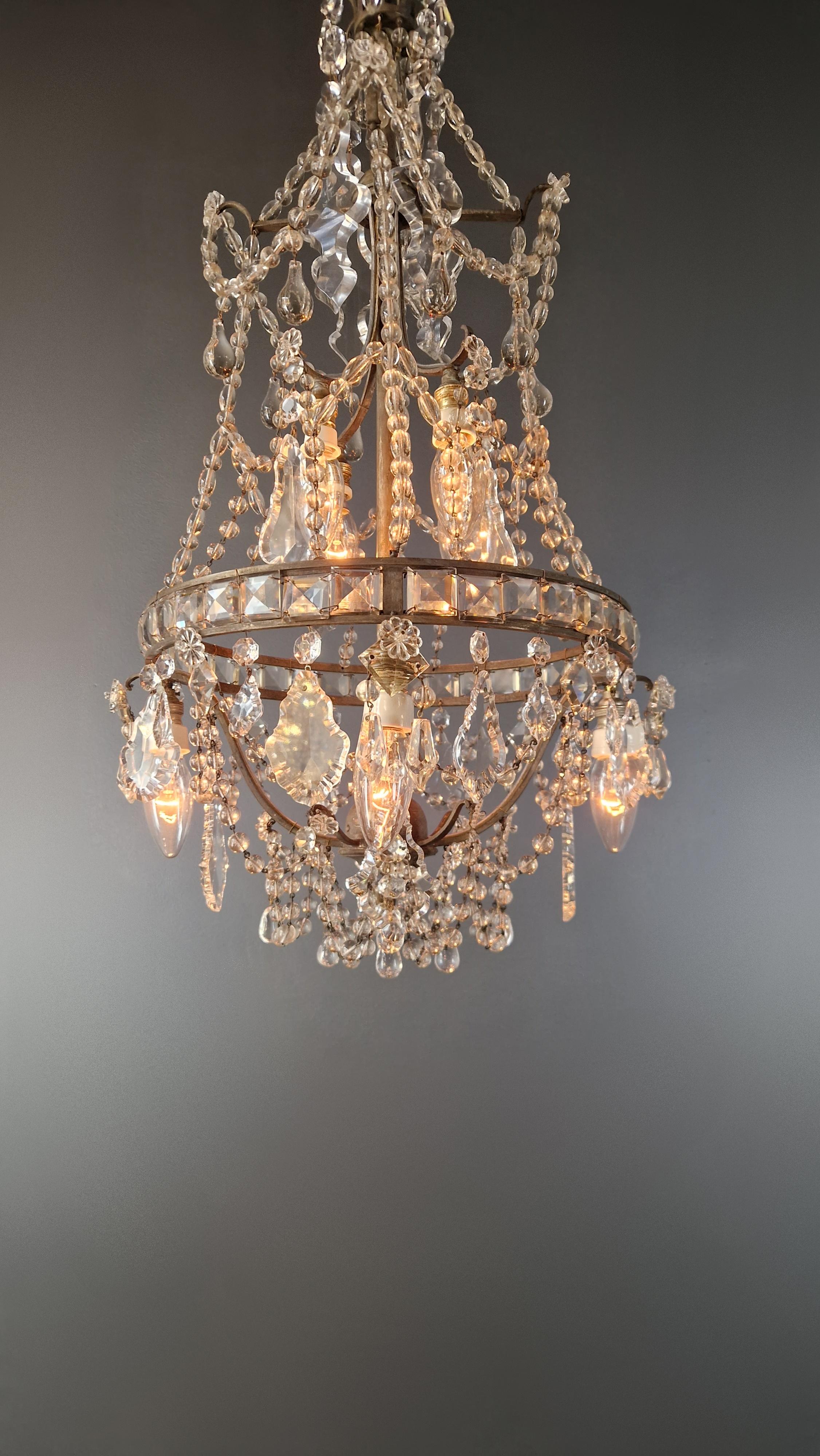 Lustre A Cage Antique Art Nouveau Brass Ceiling Crystal Chandelier For Sale 1