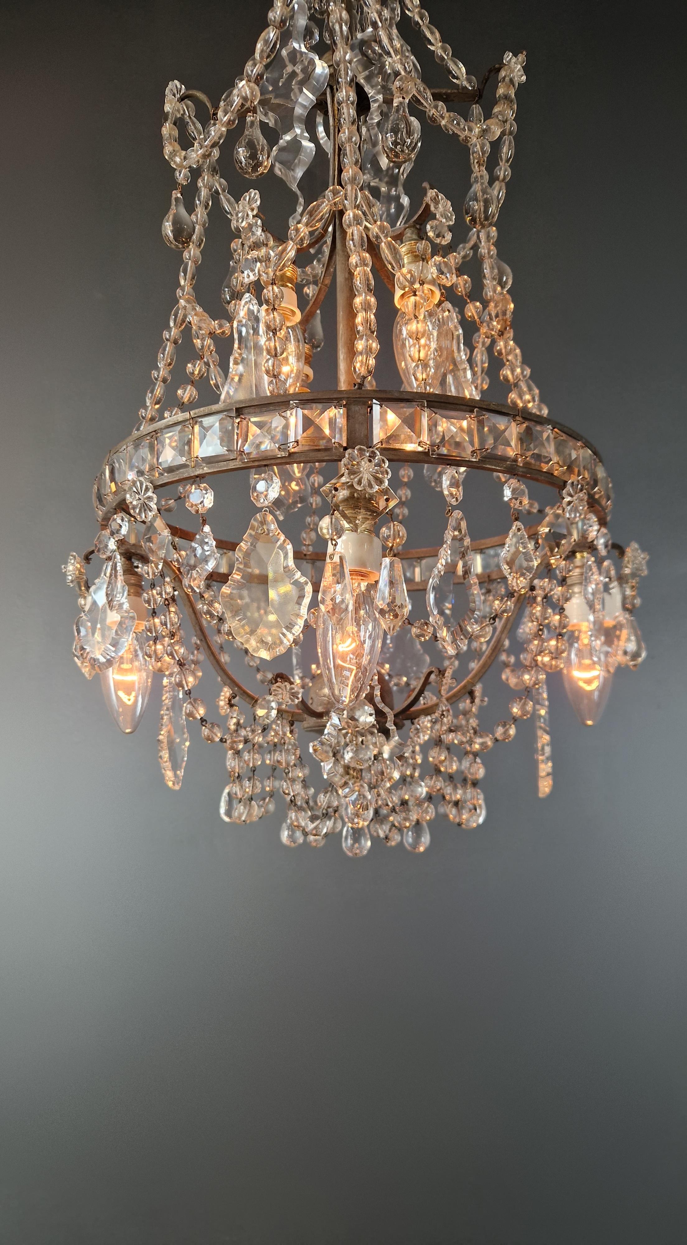 Lustre A Cage Antique Art Nouveau Brass Ceiling Crystal Chandelier For Sale 2