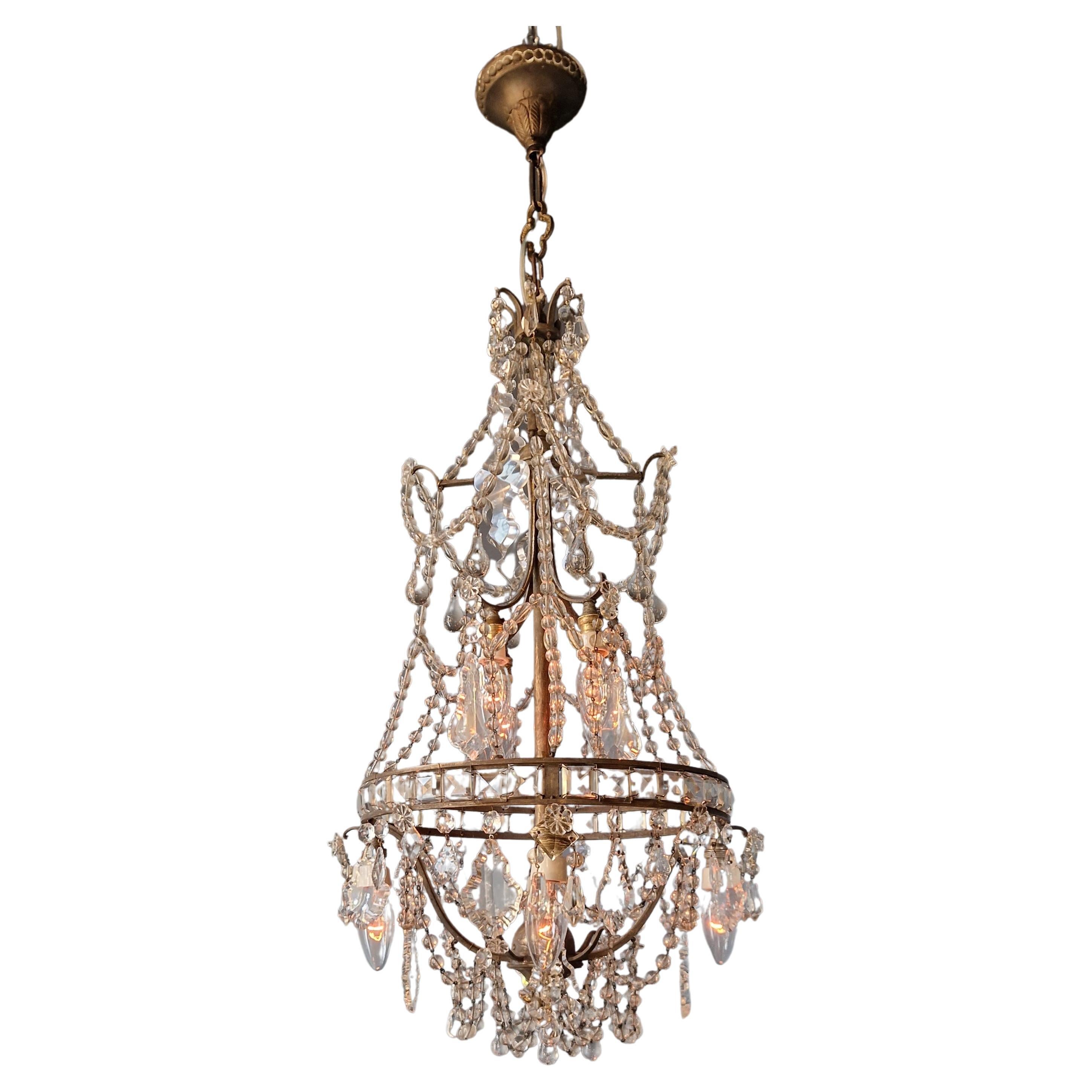 Lustre A Cage Antique Art Nouveau Brass Ceiling Crystal Chandelier For Sale