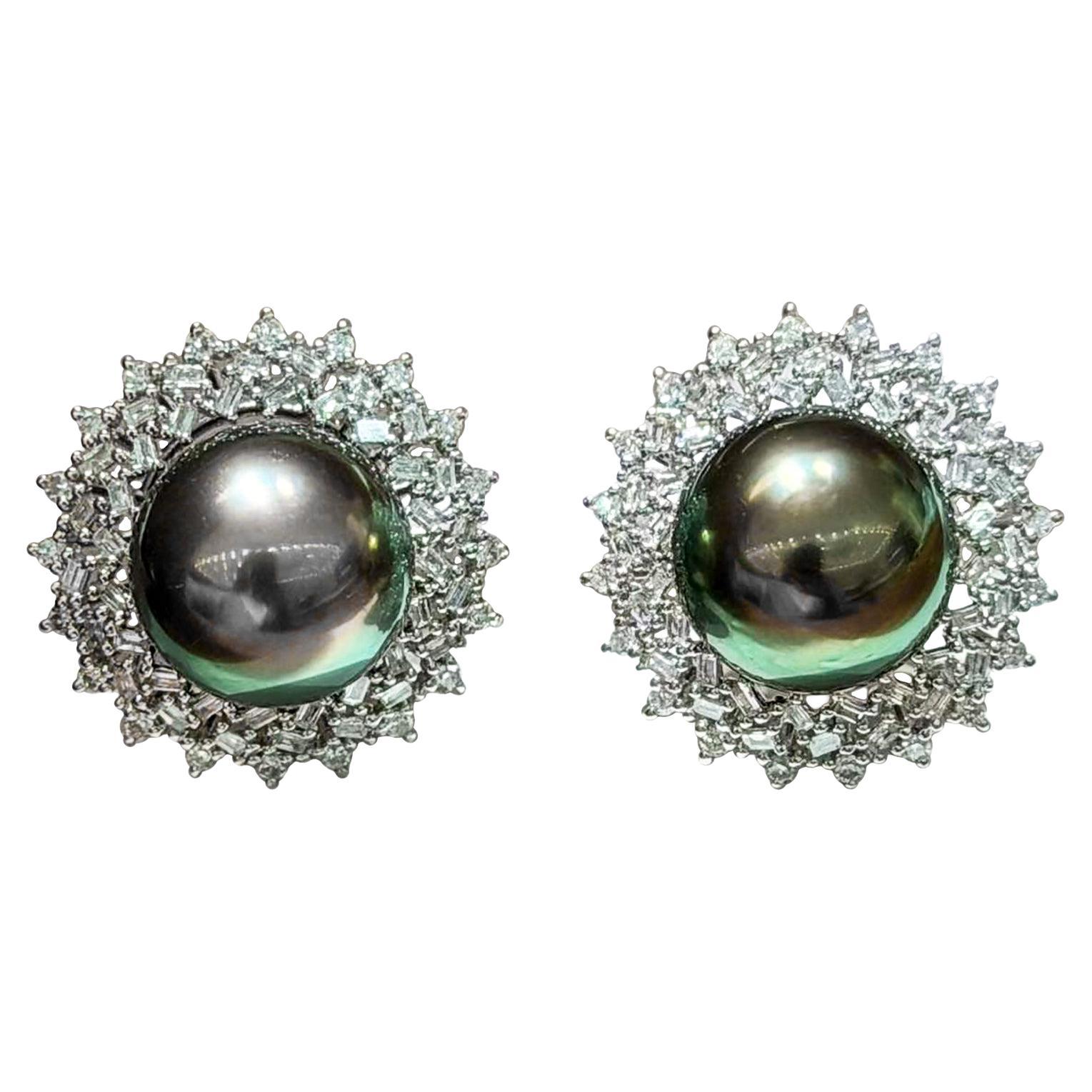 【Crown Radiance】Aurora Tahitian Pearl Diamond Halo Earrings For Sale