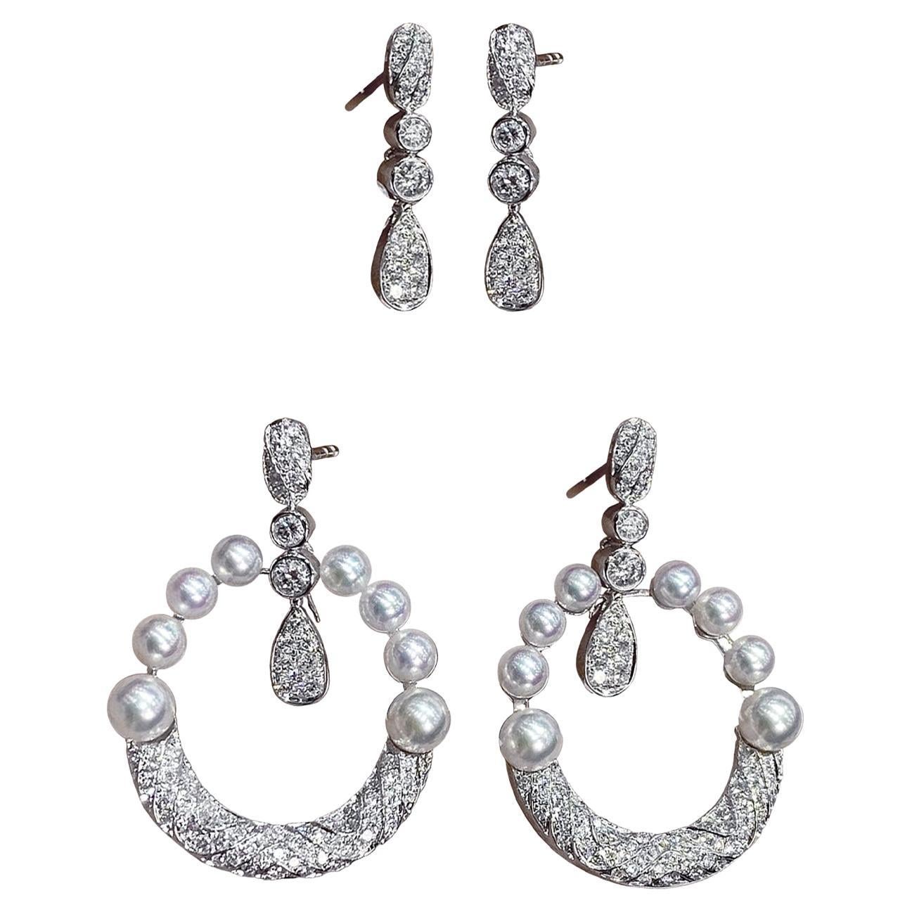 Orecchini di diamanti in oro 18 carati con perle Aurora Baby Akoya 2-in-1