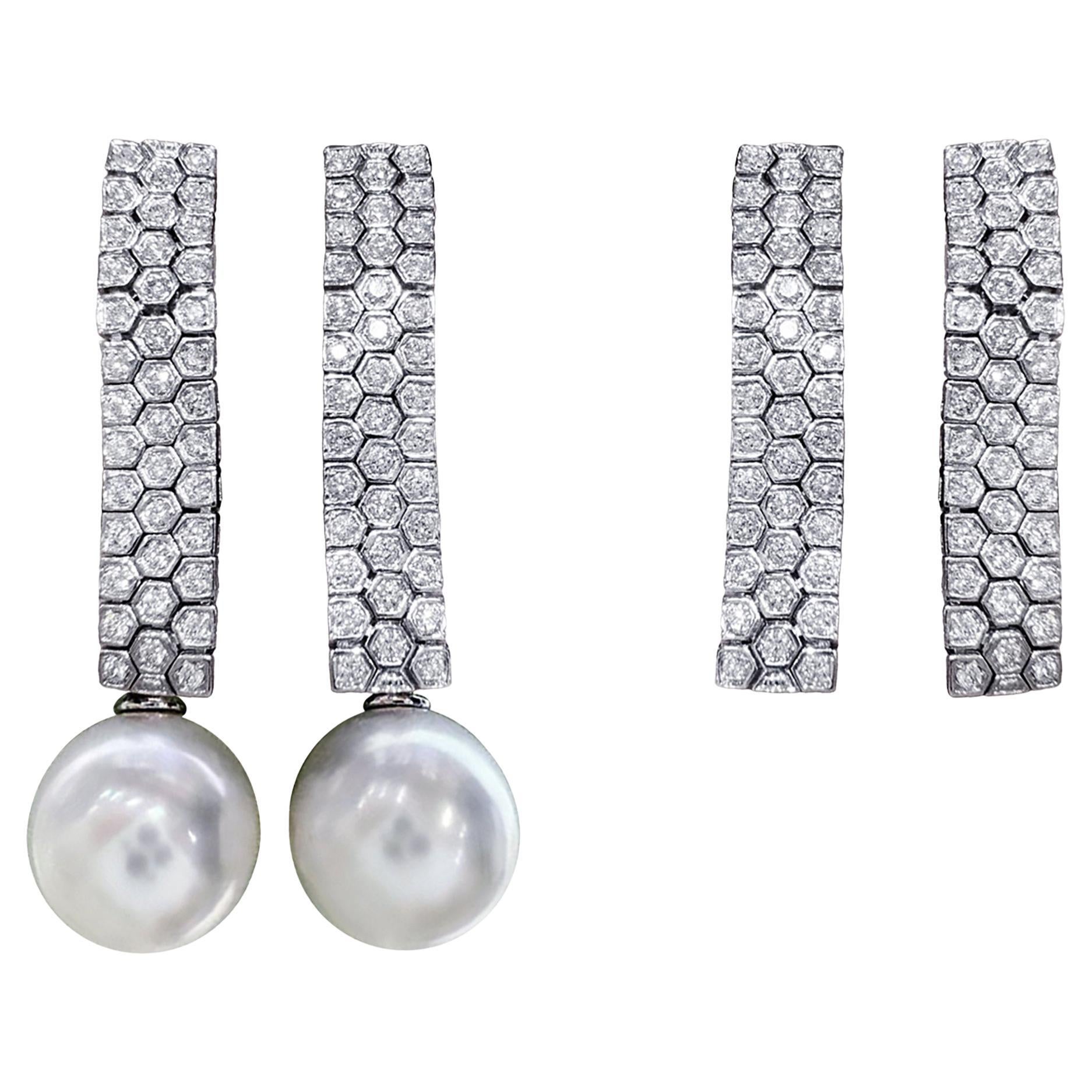 【Lustre Arc】Pendientes convertibles de perlas del mar del sur con diamantes hexagonales para el día a día en venta