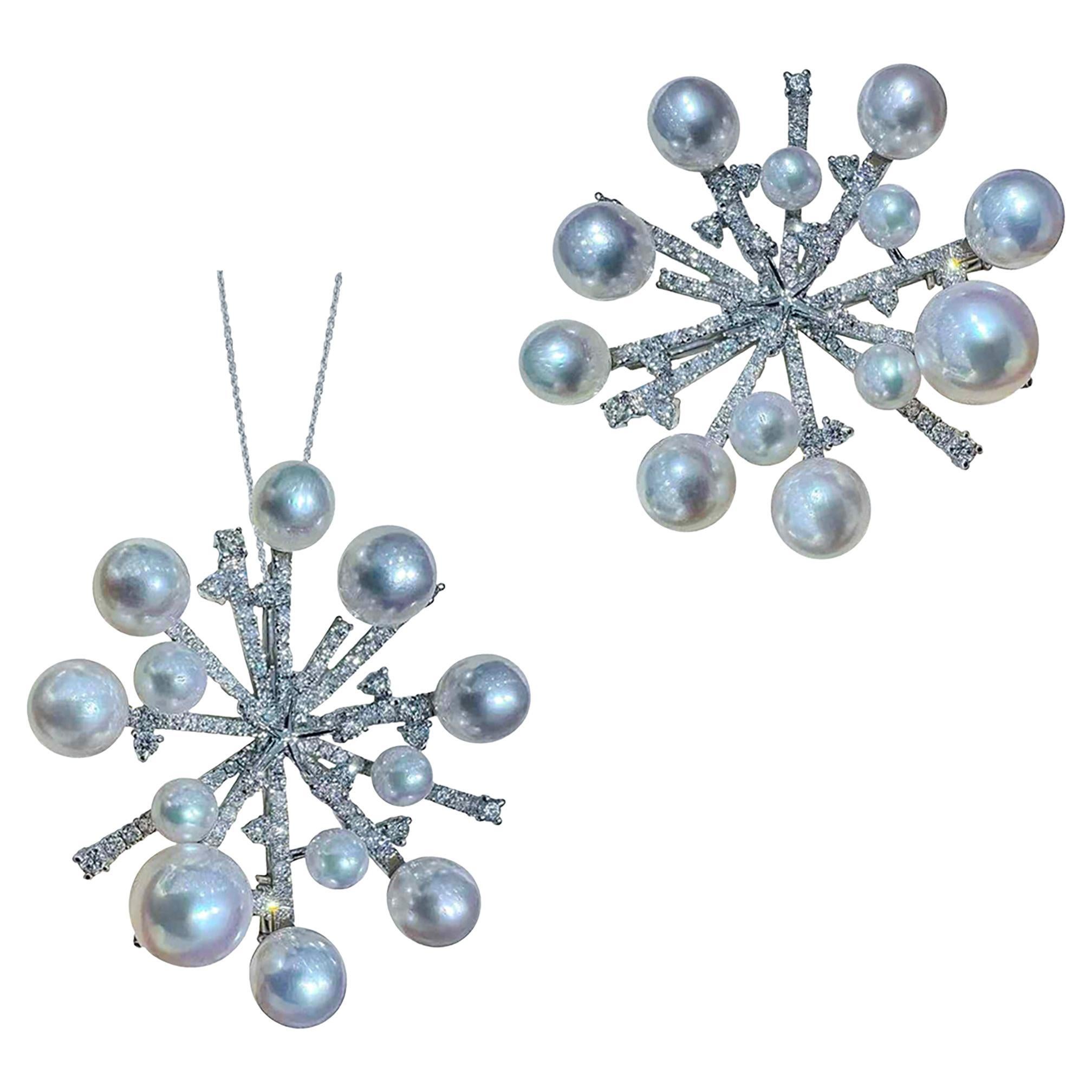 【Lustre Arc】Convertible Stellar Bloom Akoya Pearl Diamond Brooch Pendentif en vente
