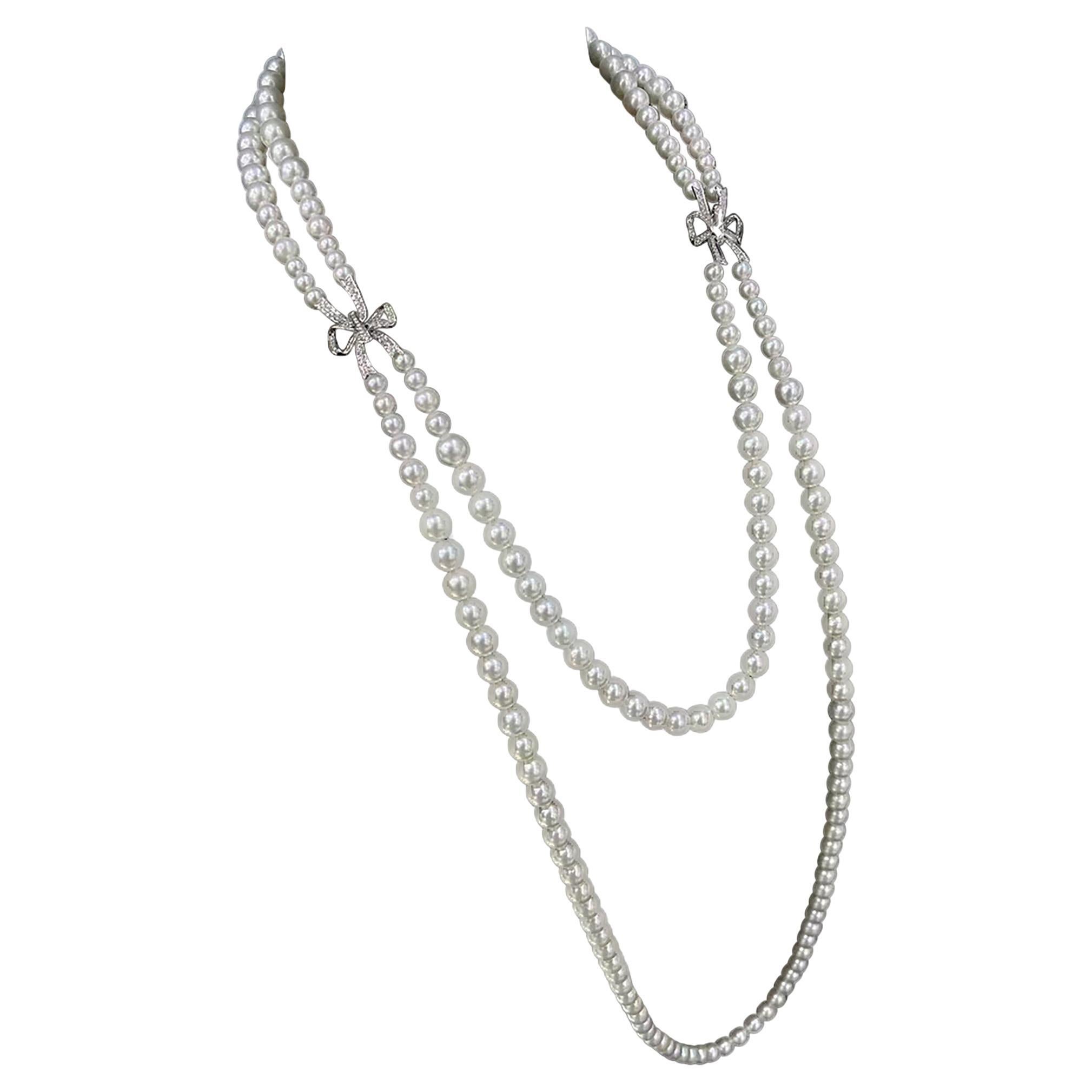 【Sculpted Geometry】Diamant Schleife Akoya Perle Doppel-Strang Aussage Halskette