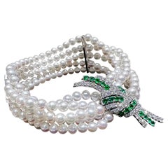 【Geometria scolpita】Bracciale di perle Akoya a cinque fili con diamanti e smeraldi