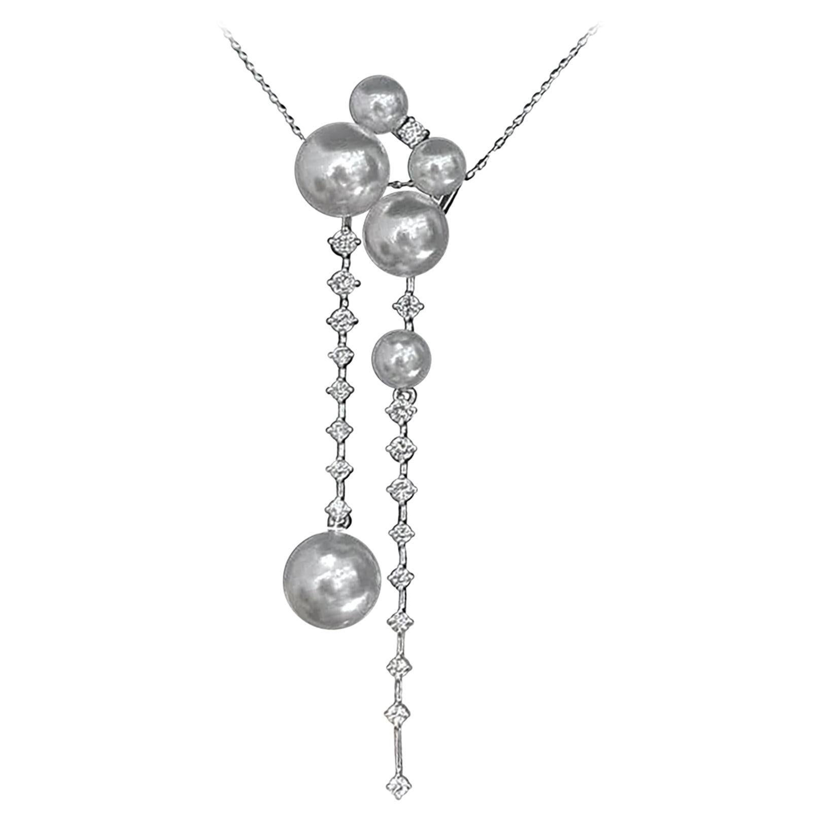 【Sculpted Geometry】Floating Pearl and Diamond Cascade Halskette im Angebot