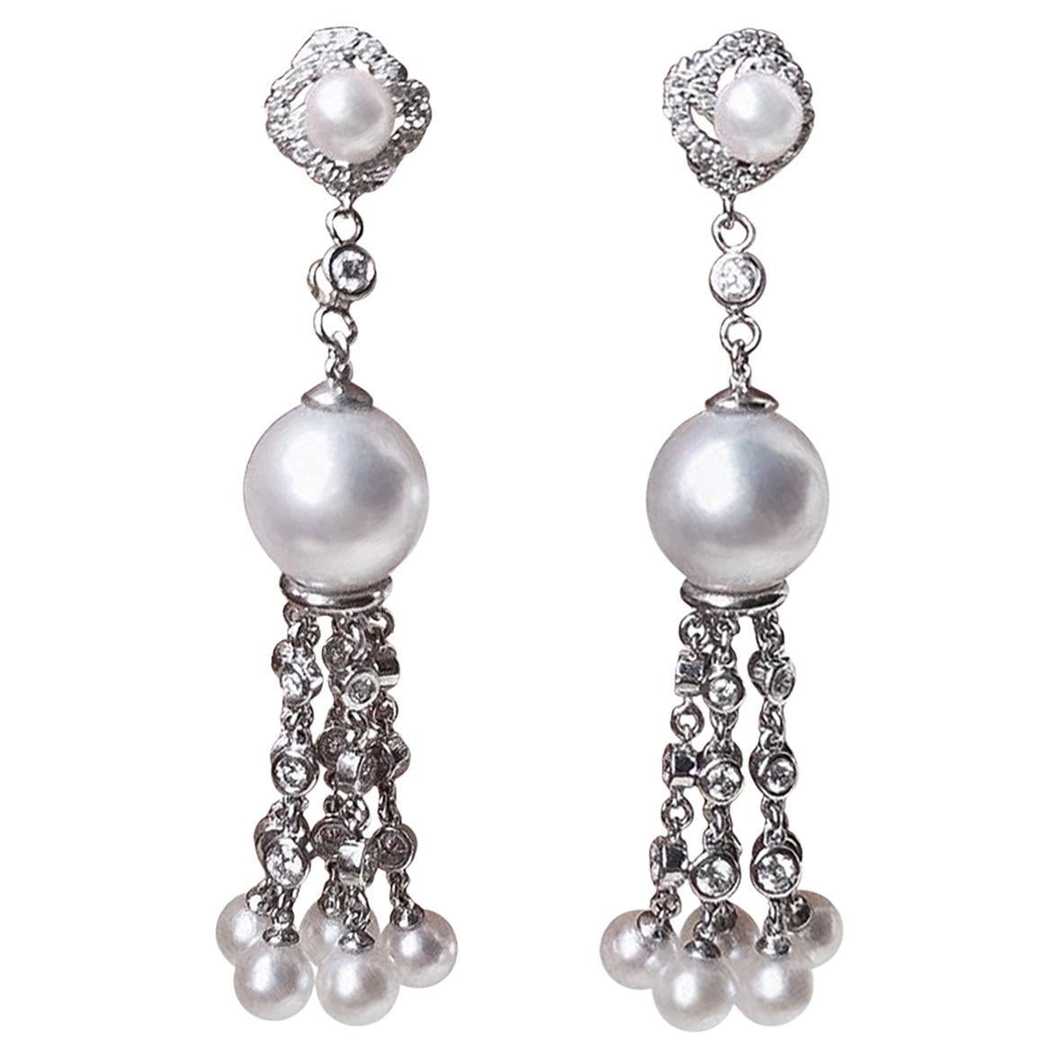 【Crown Radiance】 Orecchini con perle Aurora Akoya e diamanti a forma di geo-linea