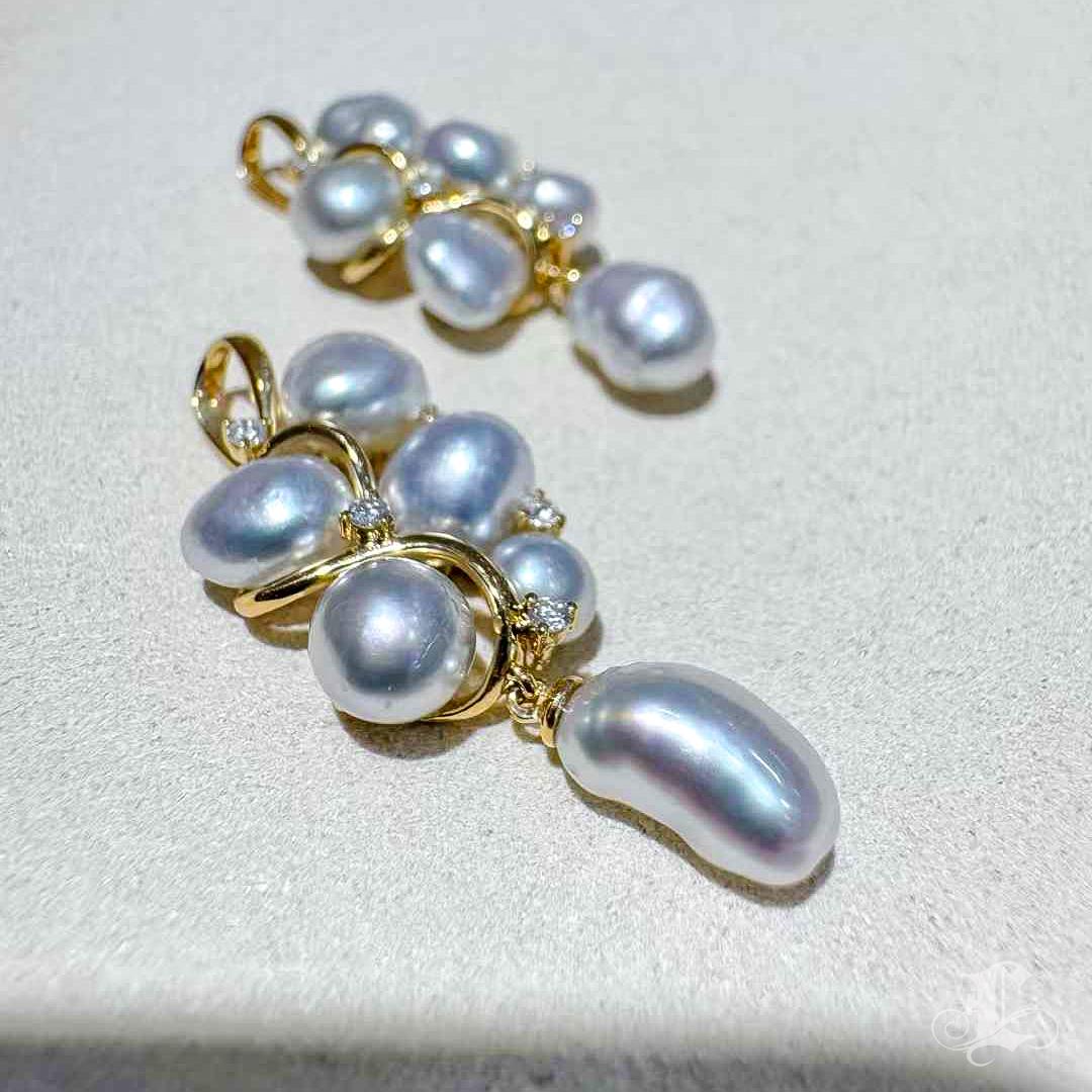 【Lustre Arc】Golden Vine South Sea Keshi Pearl & Diamond Pendant Necklace For Sale 1