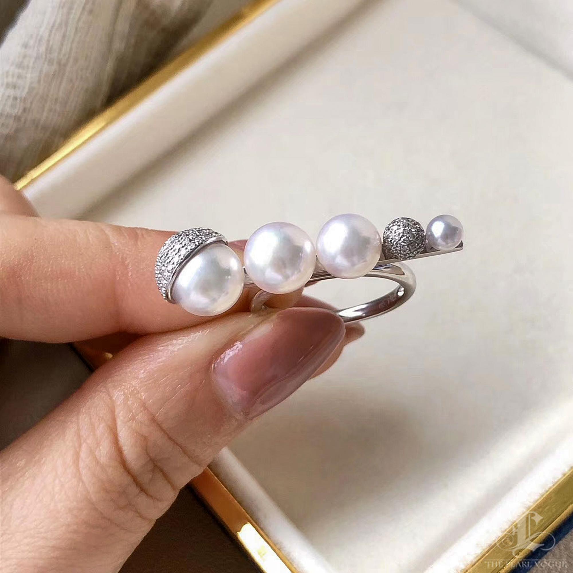 【Lustre Arc】Graduierter Akoya Perlen & Diamant Ring im Angebot 1