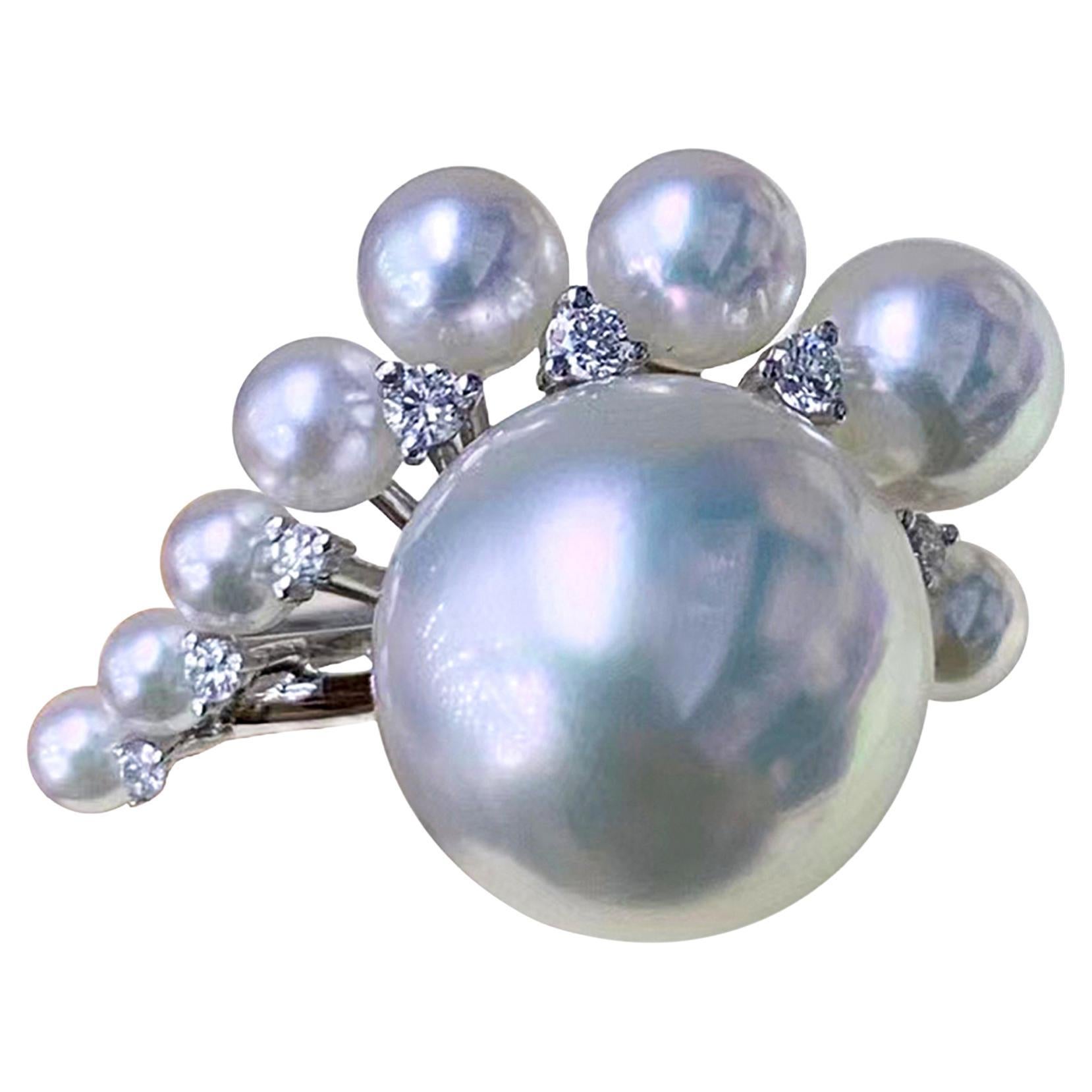 【Lustre Arc】Modern Aurora Bague à grappe de perles des mers du Sud et de diamants Akoya