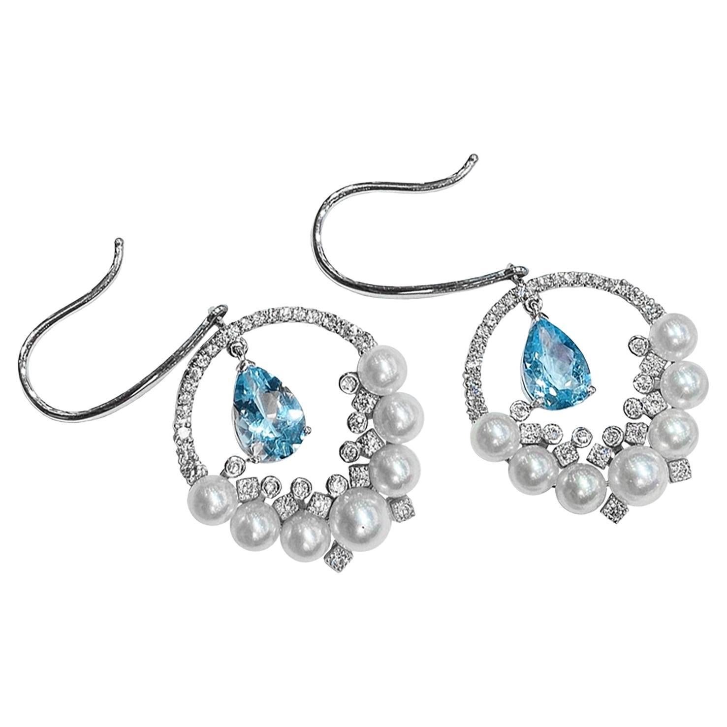 【Lustre Arco】Peacock Plume Pendientes de Noche de Aguamarina y Perla Akoya Aurora en venta