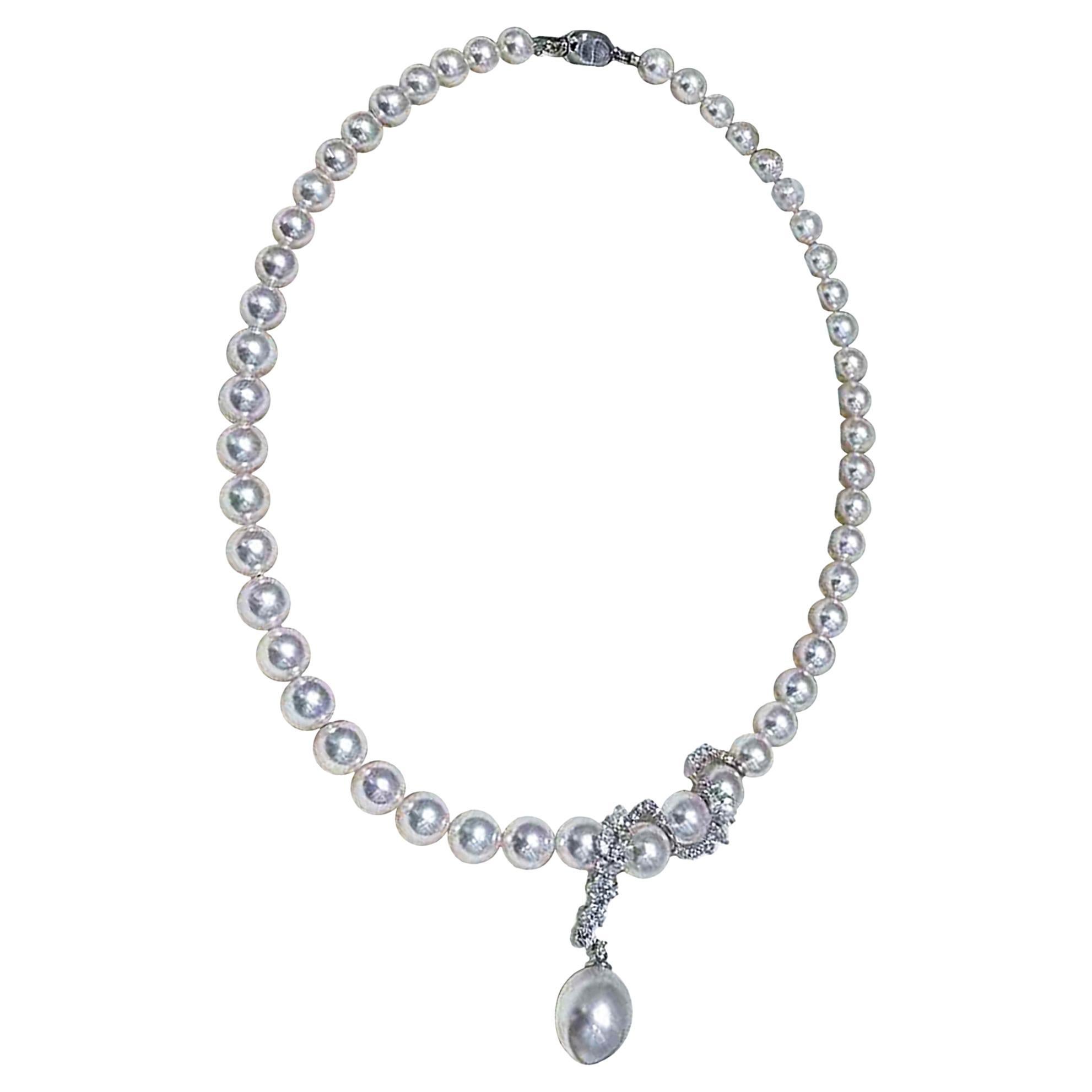 【Lustre Arc】PSL Certificate Akoya Pearl Necklace with Drop Line 18K Diamond For Sale