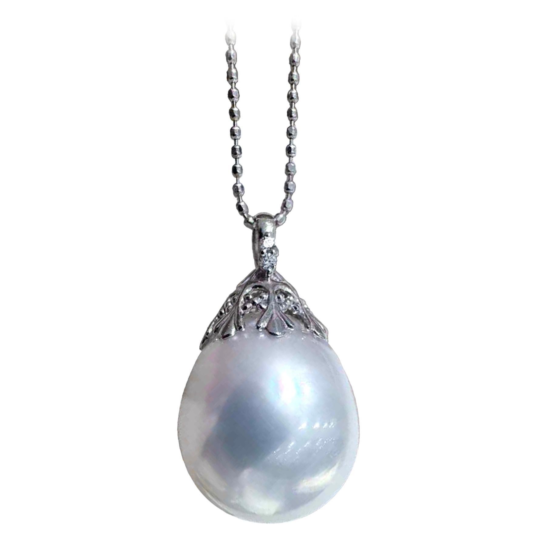 【Lustre Arc】South Sea Drop Pearl Pendentif avec filigrane de diamants en or blanc 18K