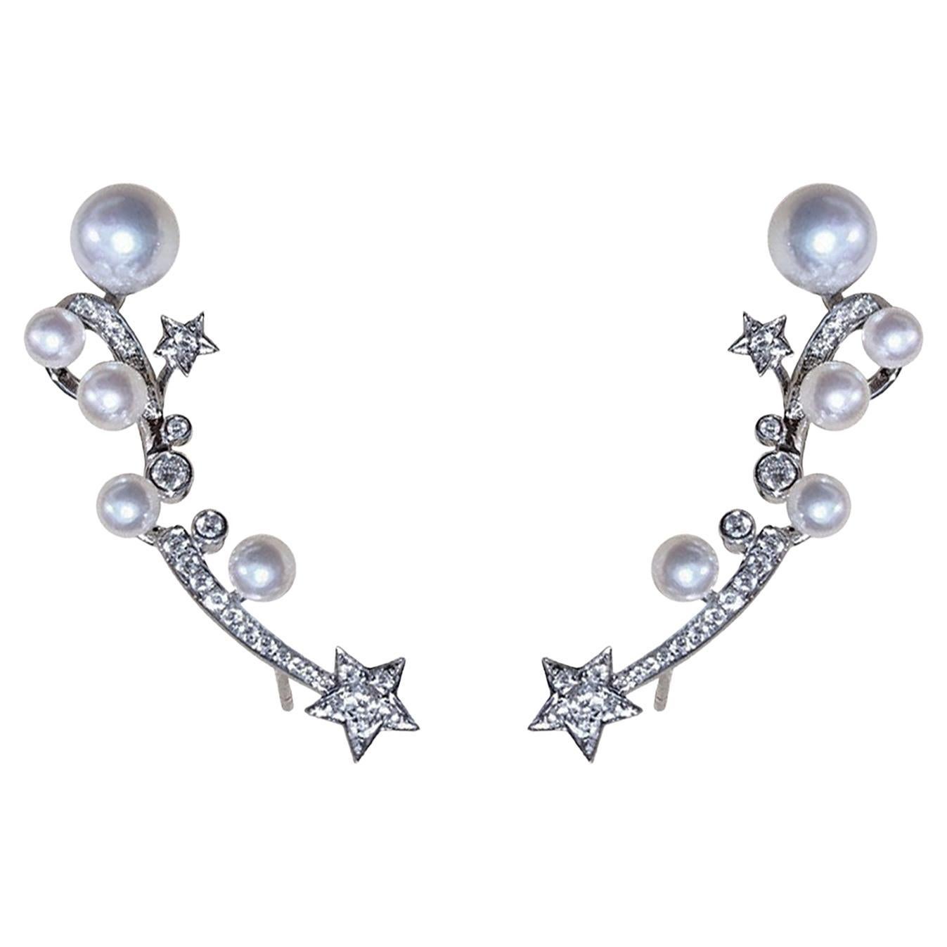 Arco di lucentezza】Traccia illuminata Aurora Perla Akoya Diamante Orecchini a polsino