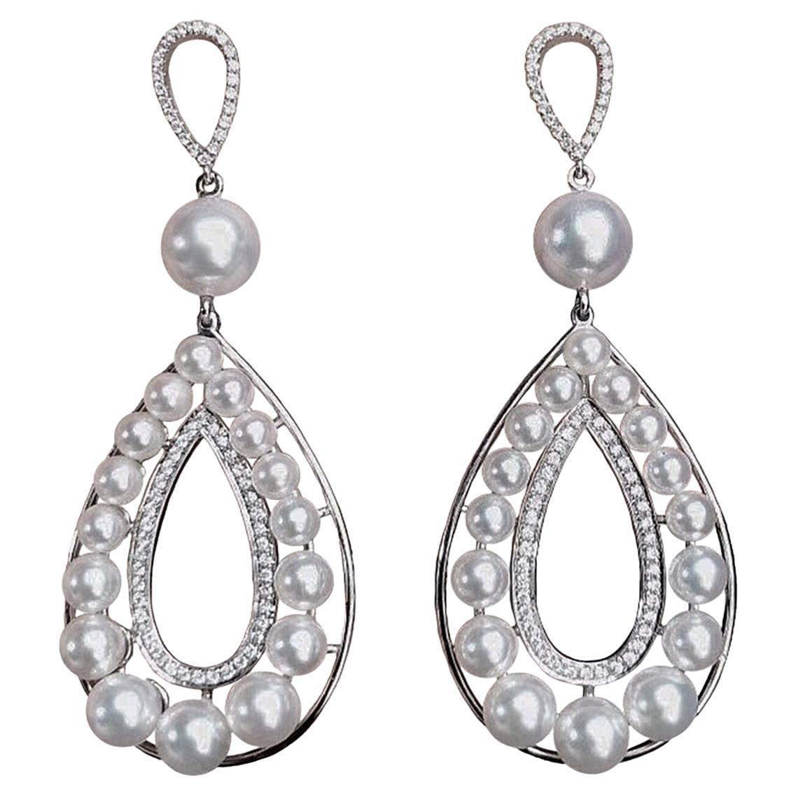 Orecchini di diamanti con perle Aurora Akoya a goccia a cascata