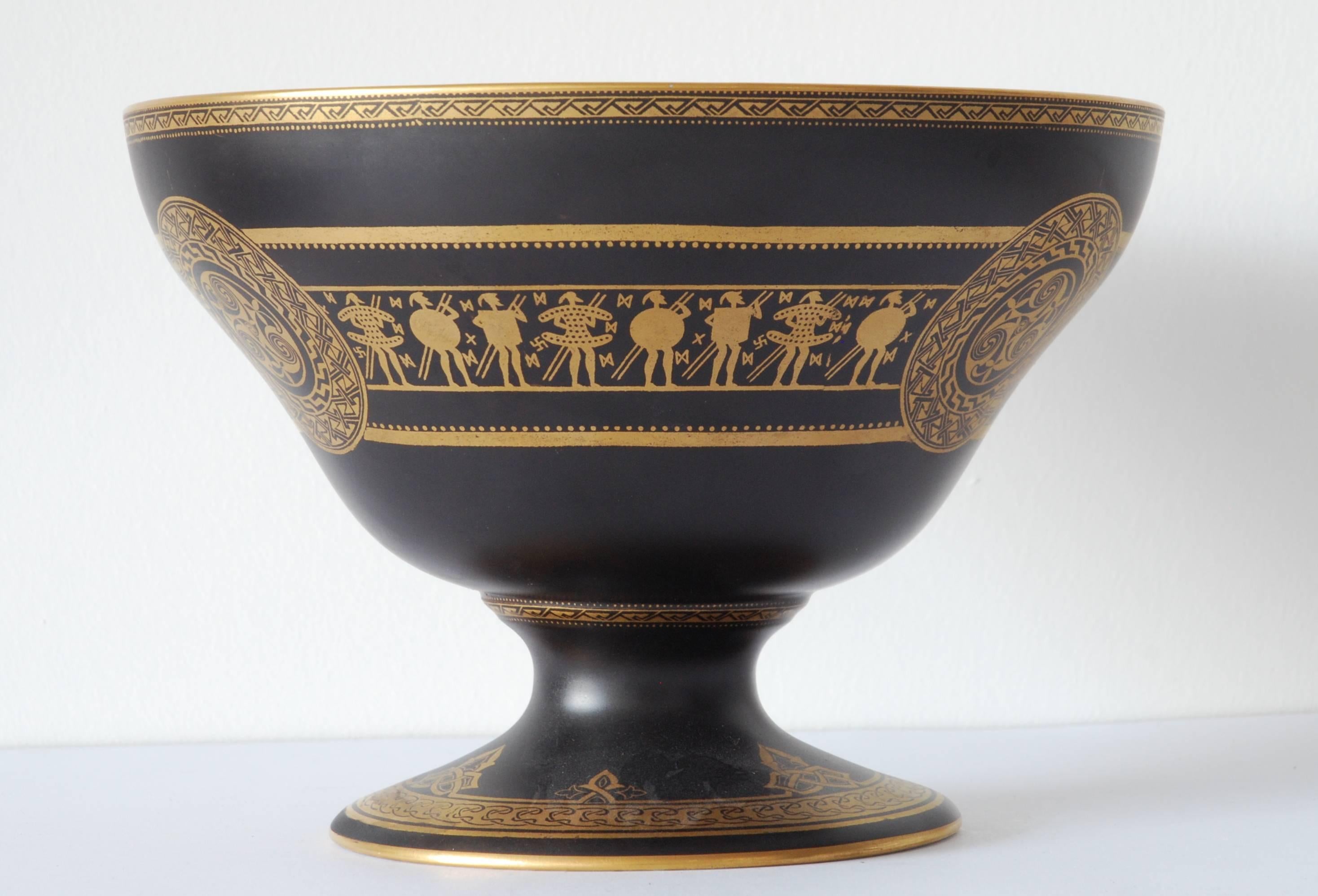 A scarce example of the Celtic pattern, from Daisy Makeig-Jones’ lustreware, in the form of a large ‘Melba Centre’ bowl. The stylized figures and the wonderful burnt orange interior combine to form a striking example of Art Deco.