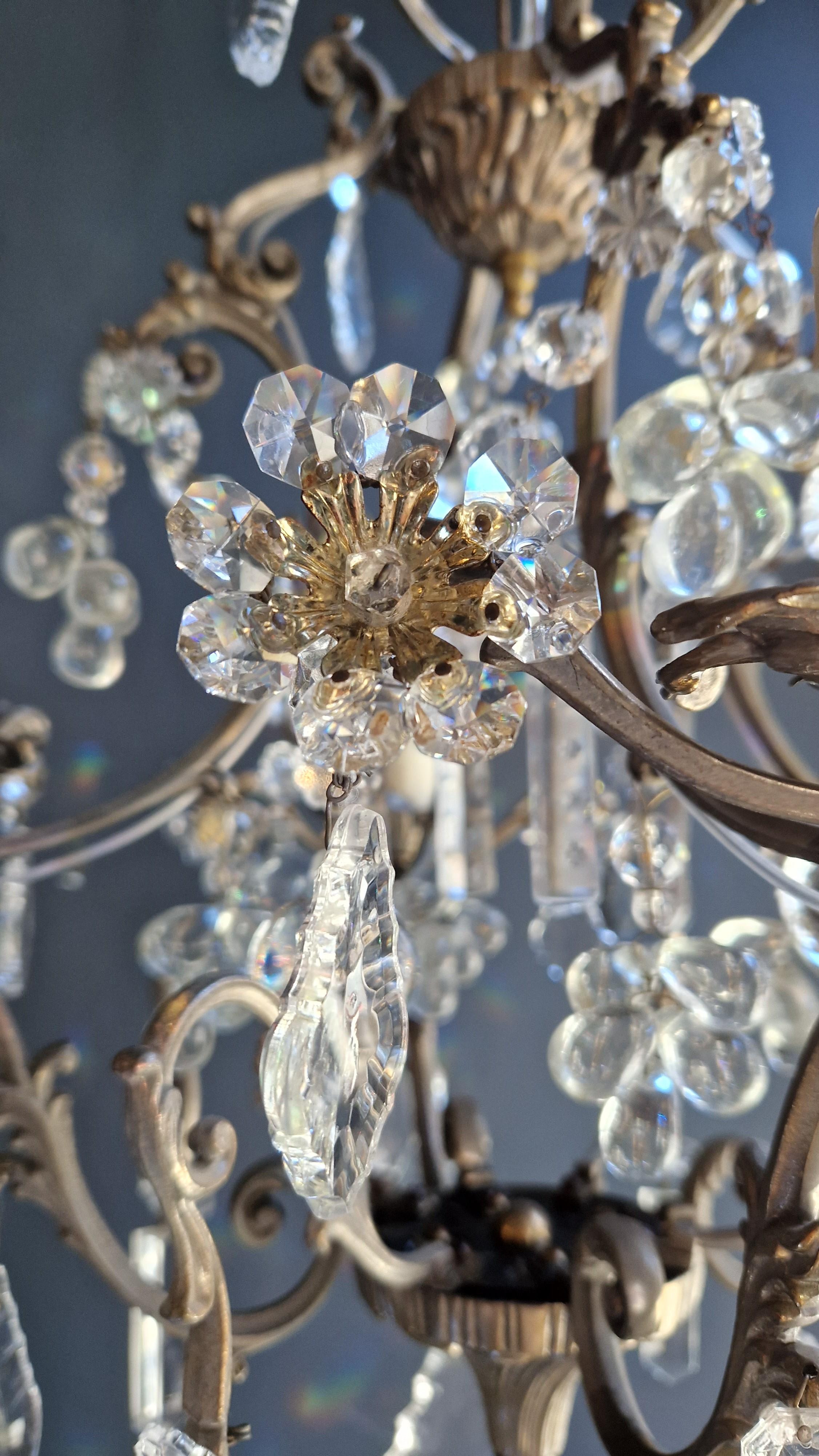 European Lustré Cage Chandelier Crystal Ceiling Lamp Hall Antique Silver Brass