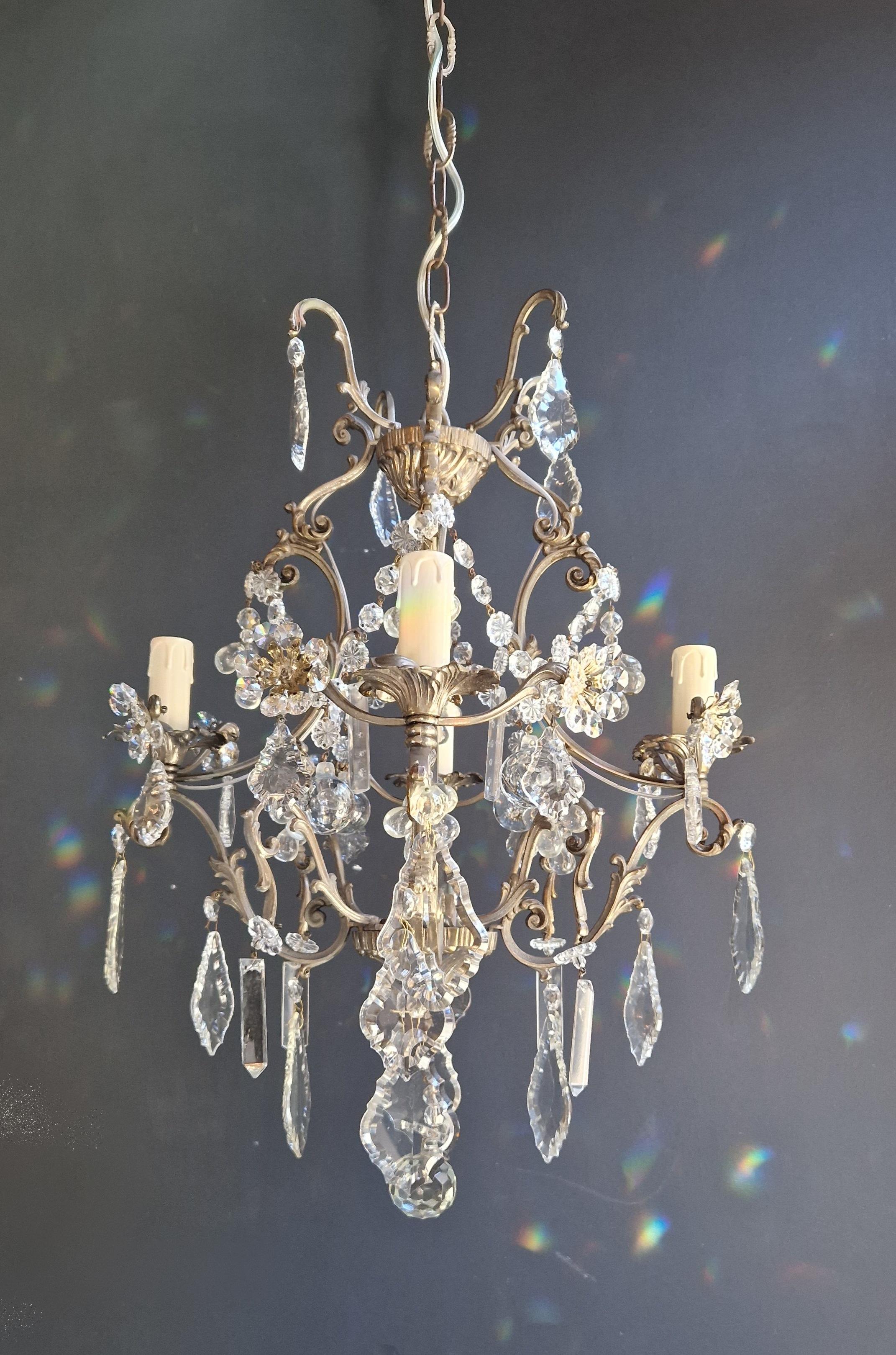 Mid-20th Century Lustré Cage Chandelier Crystal Ceiling Lamp Hall Antique Silver Brass
