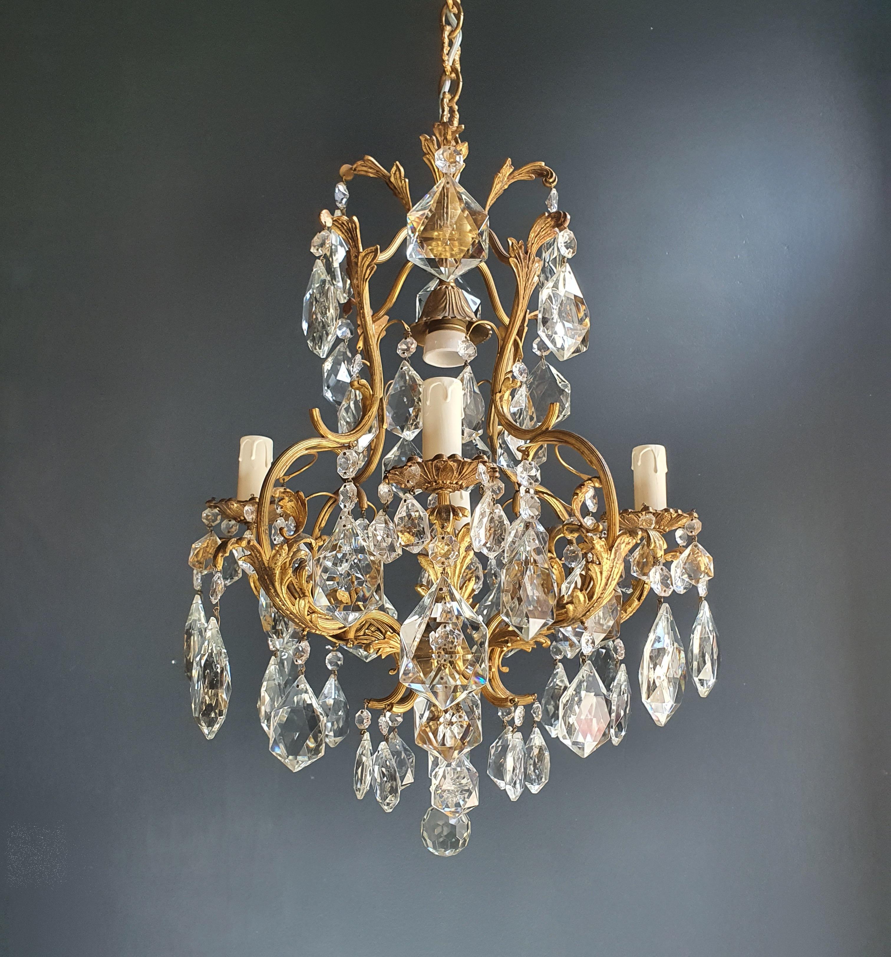 European Lustré Cage Chandelier Crystal Ceiling Lamp Gold Brass Antique Art Nouveau For Sale