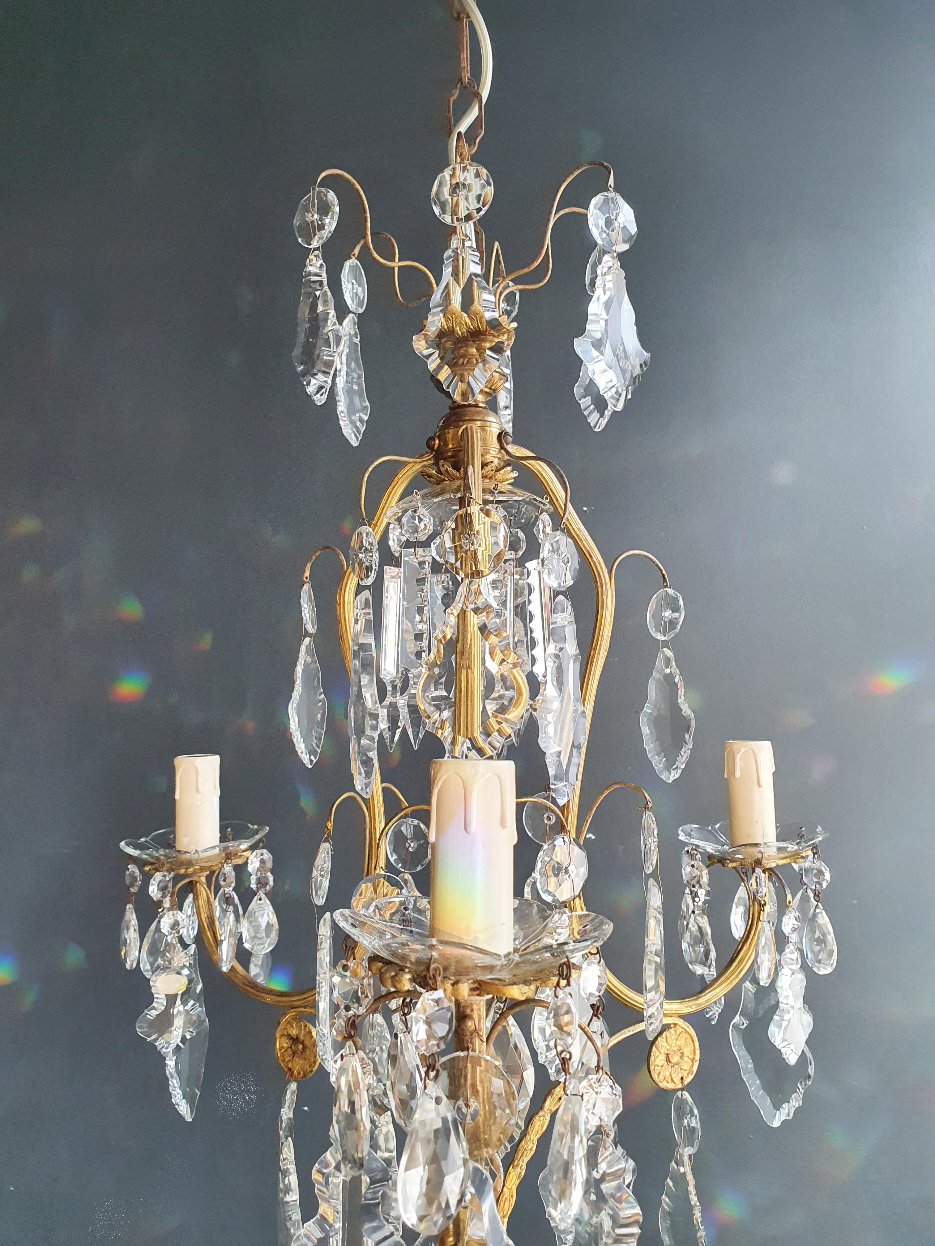 Hand-Knotted Lustré Cage Chandelier Crystal Ceiling Gold Antique Art Nouveau For Sale