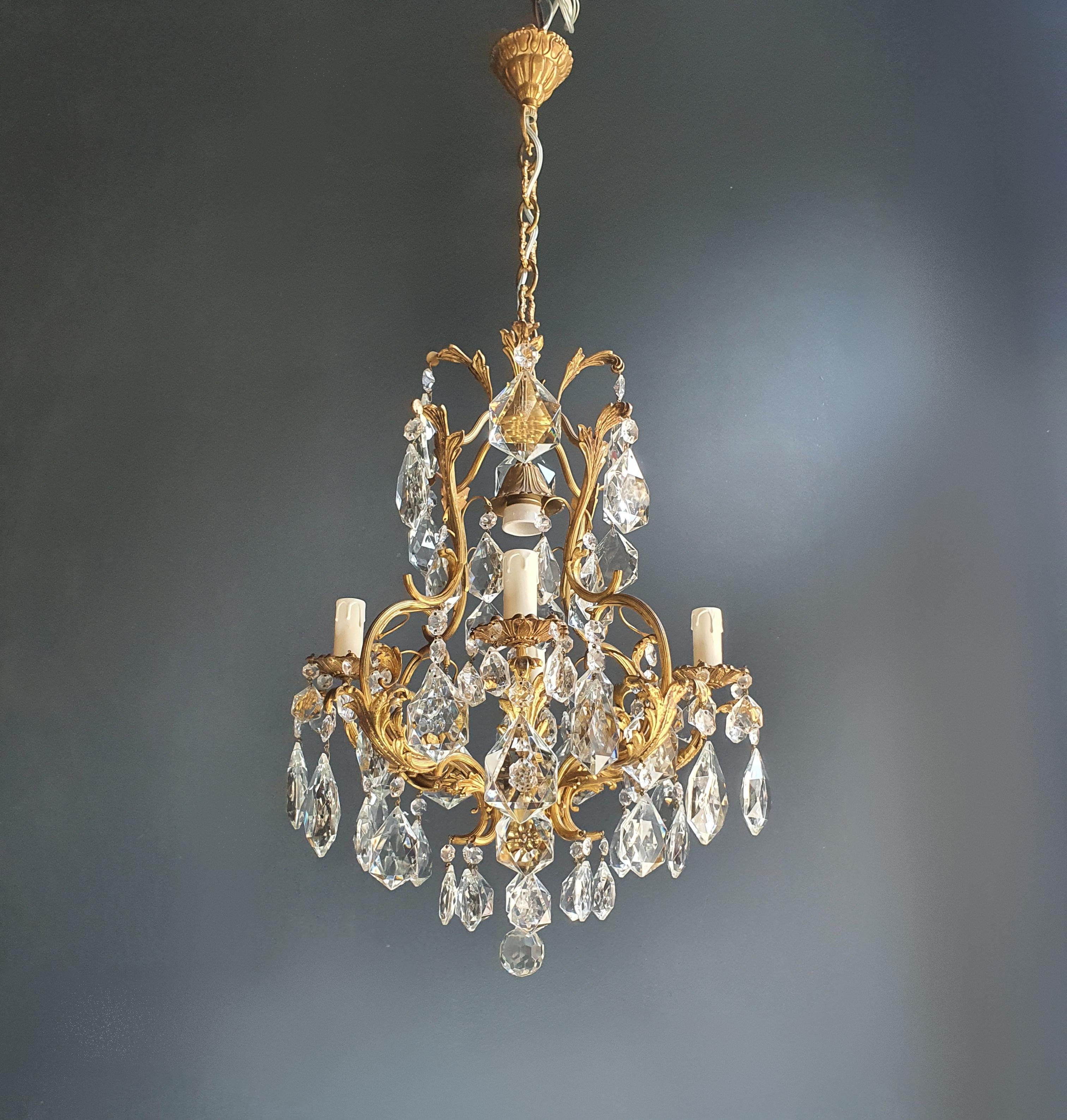 Hand-Knotted Lustré Cage Chandelier Crystal Ceiling Lamp Gold Brass Antique Art Nouveau For Sale