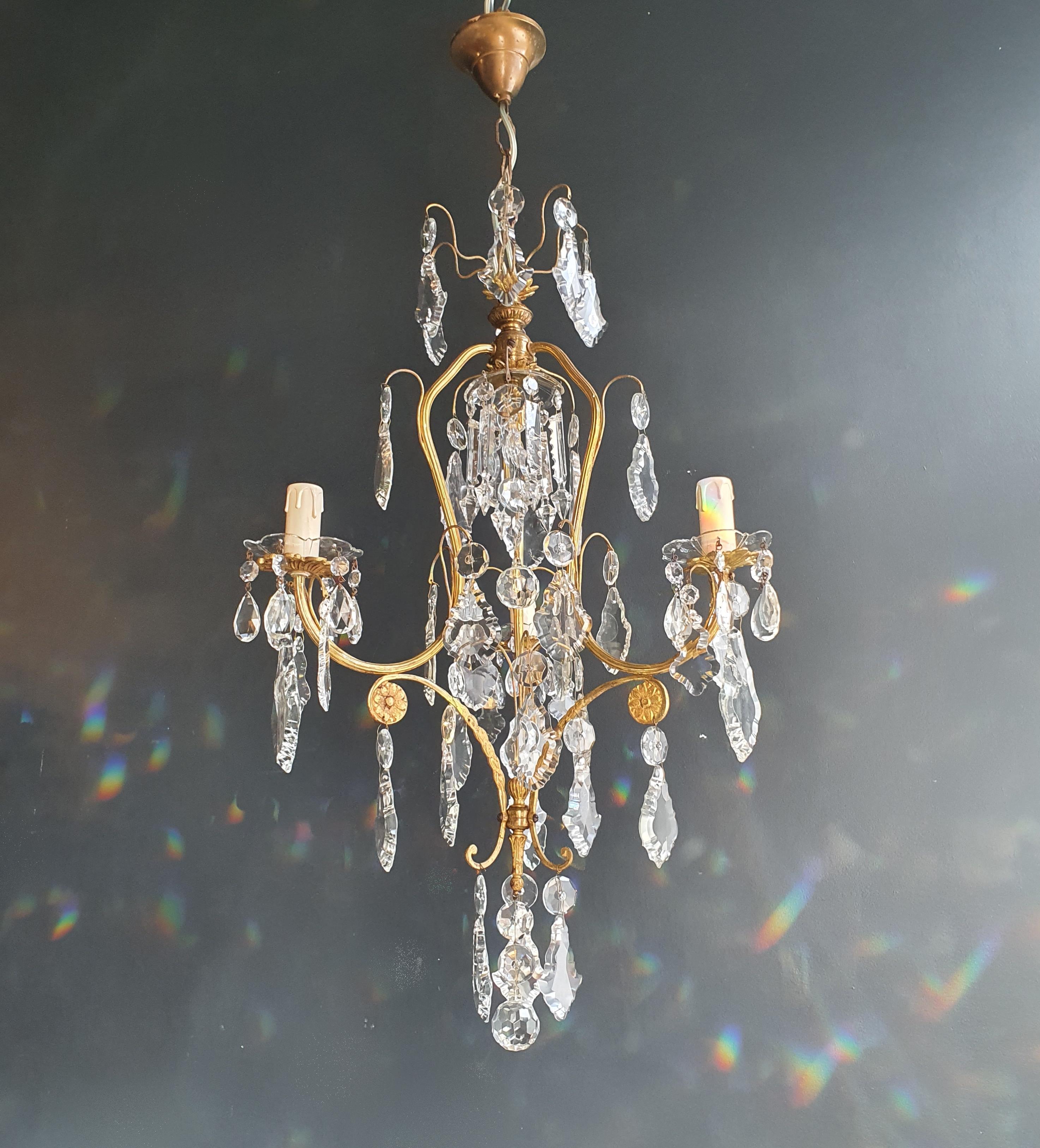 Early 20th Century Lustré Cage Chandelier Crystal Ceiling Gold Antique Art Nouveau For Sale