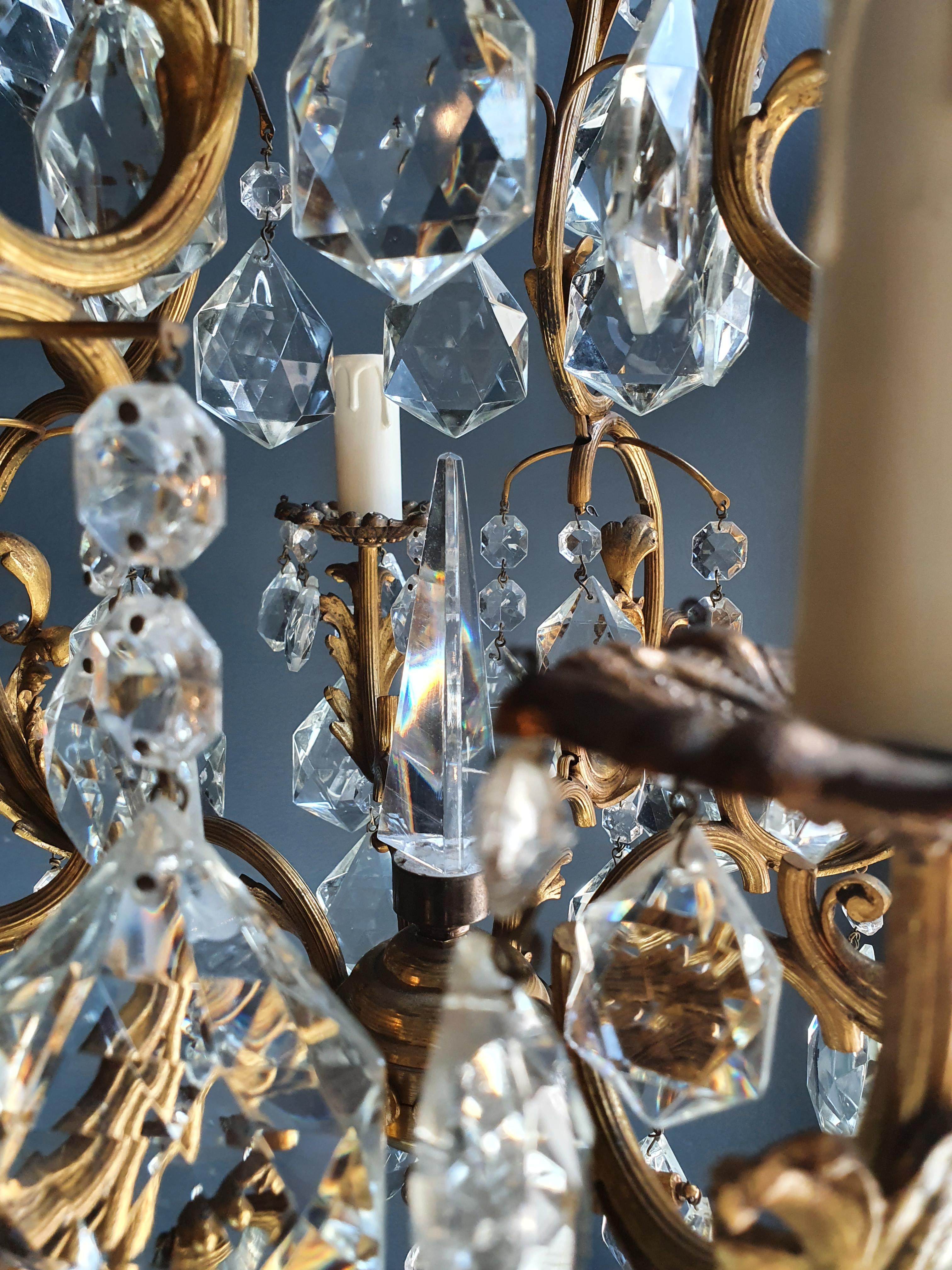 Early 20th Century Lustré Cage Chandelier Crystal Ceiling Lamp Gold Brass Antique Art Nouveau For Sale