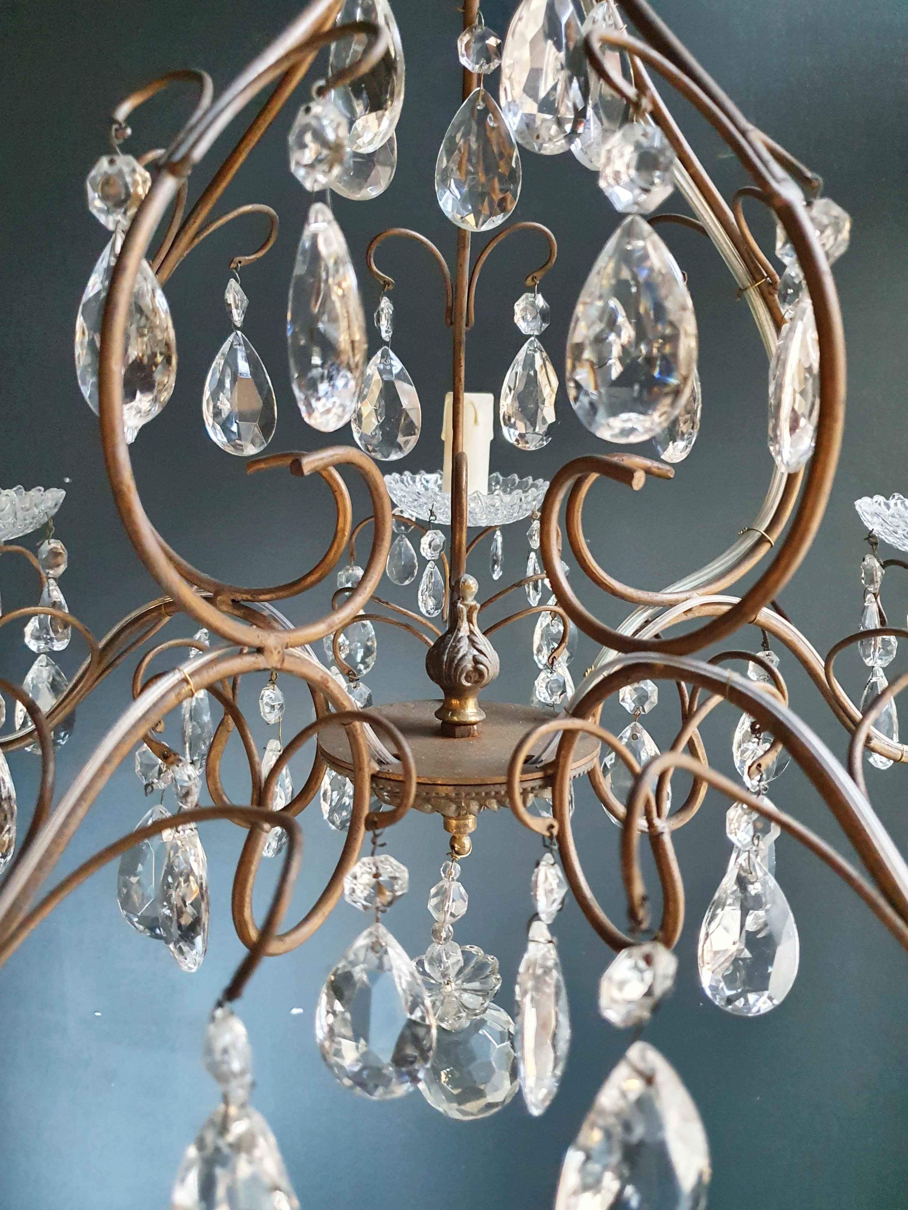 19th Century Lustré Cage Chandelier Crystal Ceiling Hall Antique Bronze