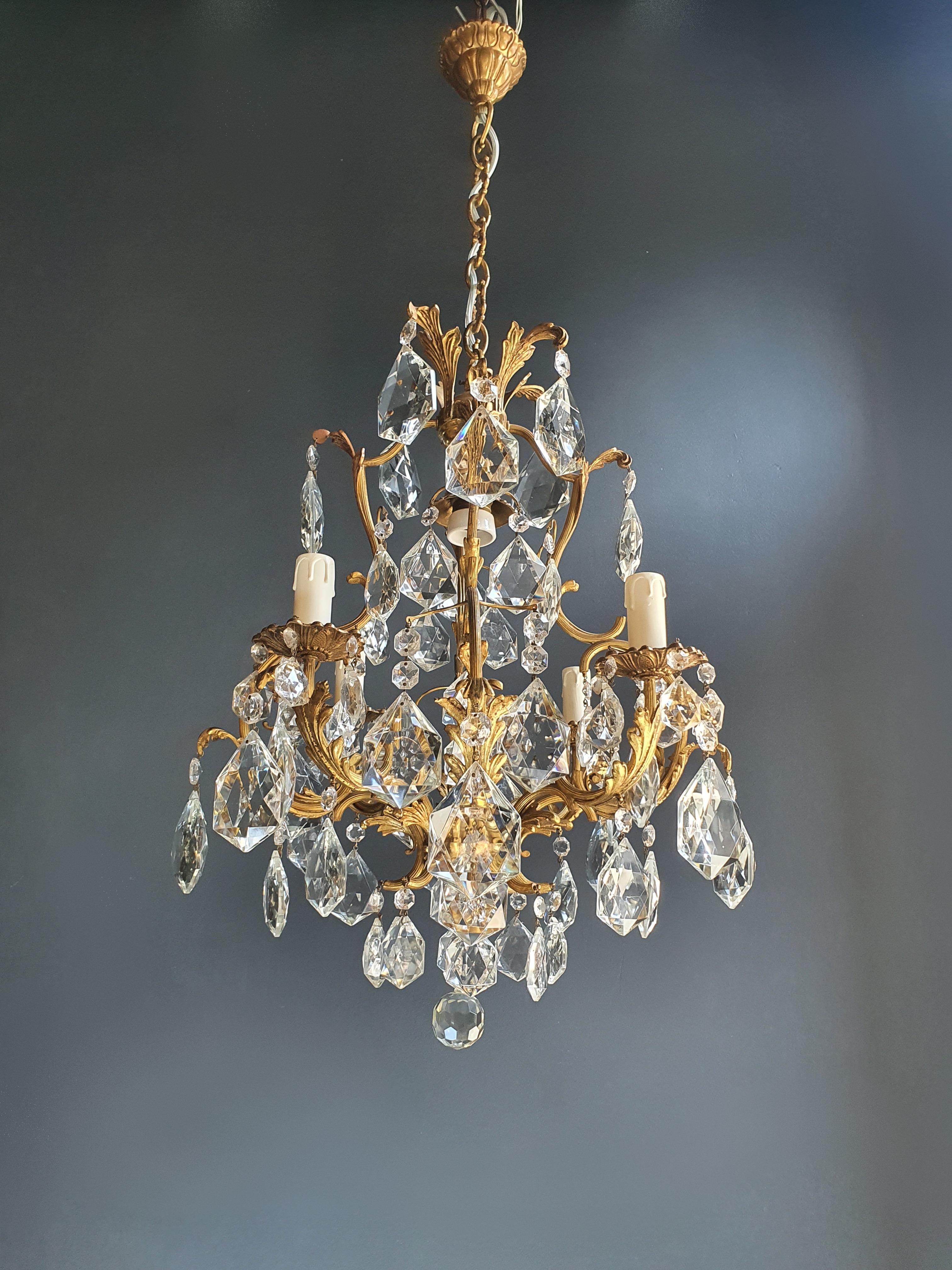 Lustré Cage Chandelier Crystal Ceiling Lamp Gold Brass Antique Art Nouveau For Sale 3