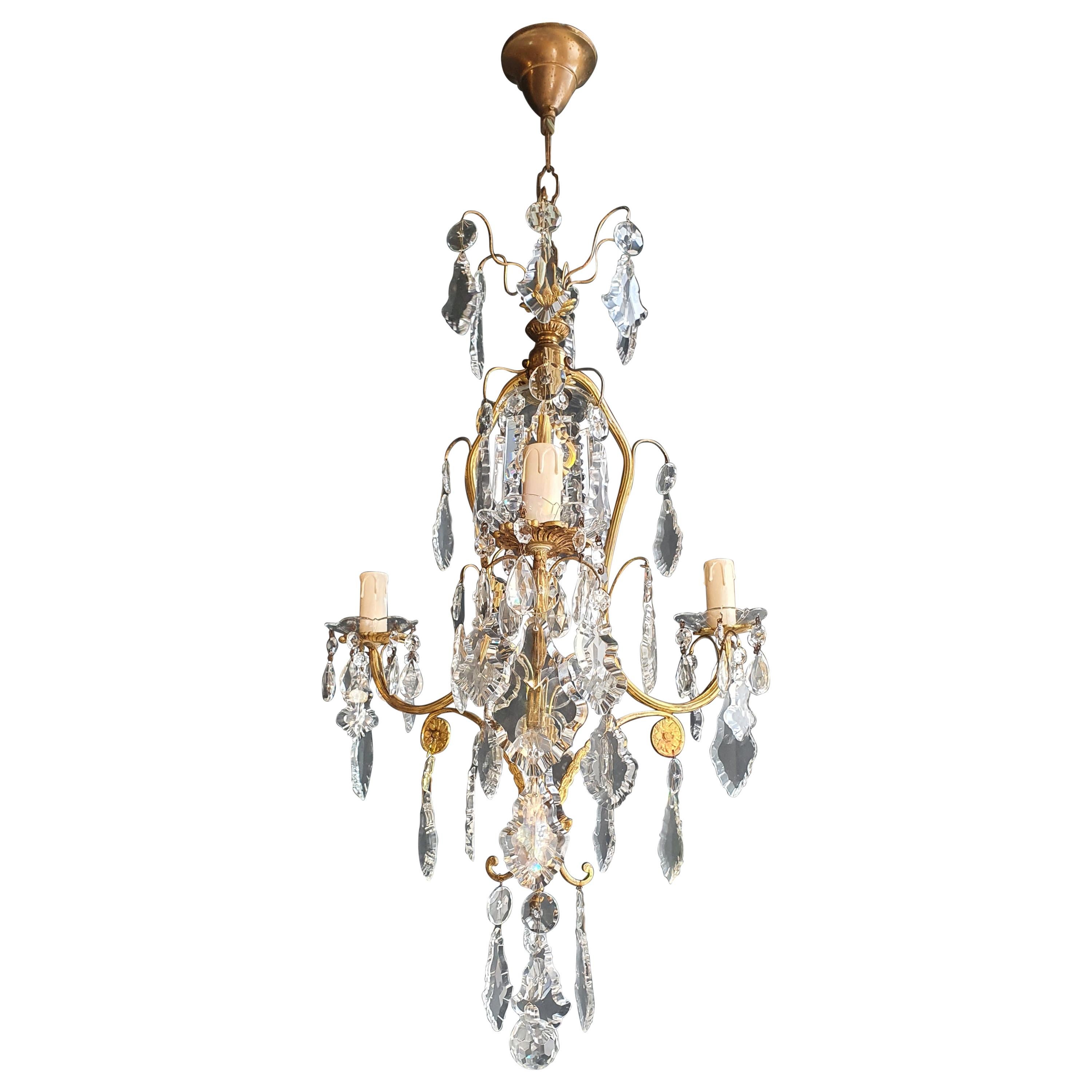 Lustré Cage Chandelier Crystal Ceiling Gold Antique Art Nouveau For Sale