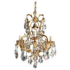 Lustré Cage Chandelier Crystal Ceiling Lamp Gold Brass Antique Art Nouveau
