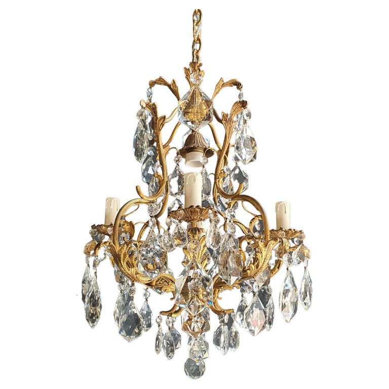 Lustré Cage Chandelier Crystal Ceiling Lamp Gold Brass Antique Art