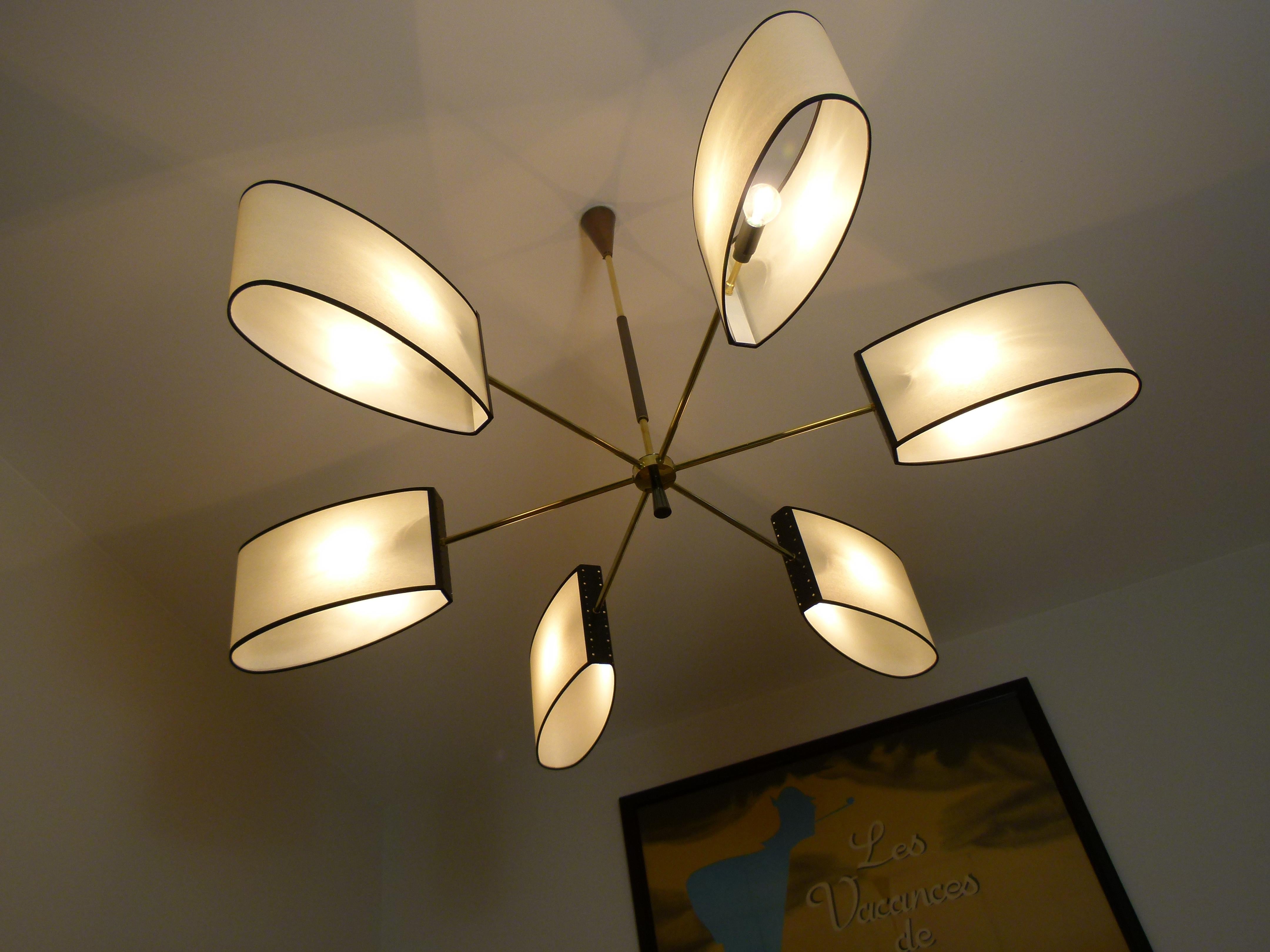 1950s Circular Chandelier With Six Arms Of Light by Maison Lunel In Excellent Condition In Saint-Ouen, FR