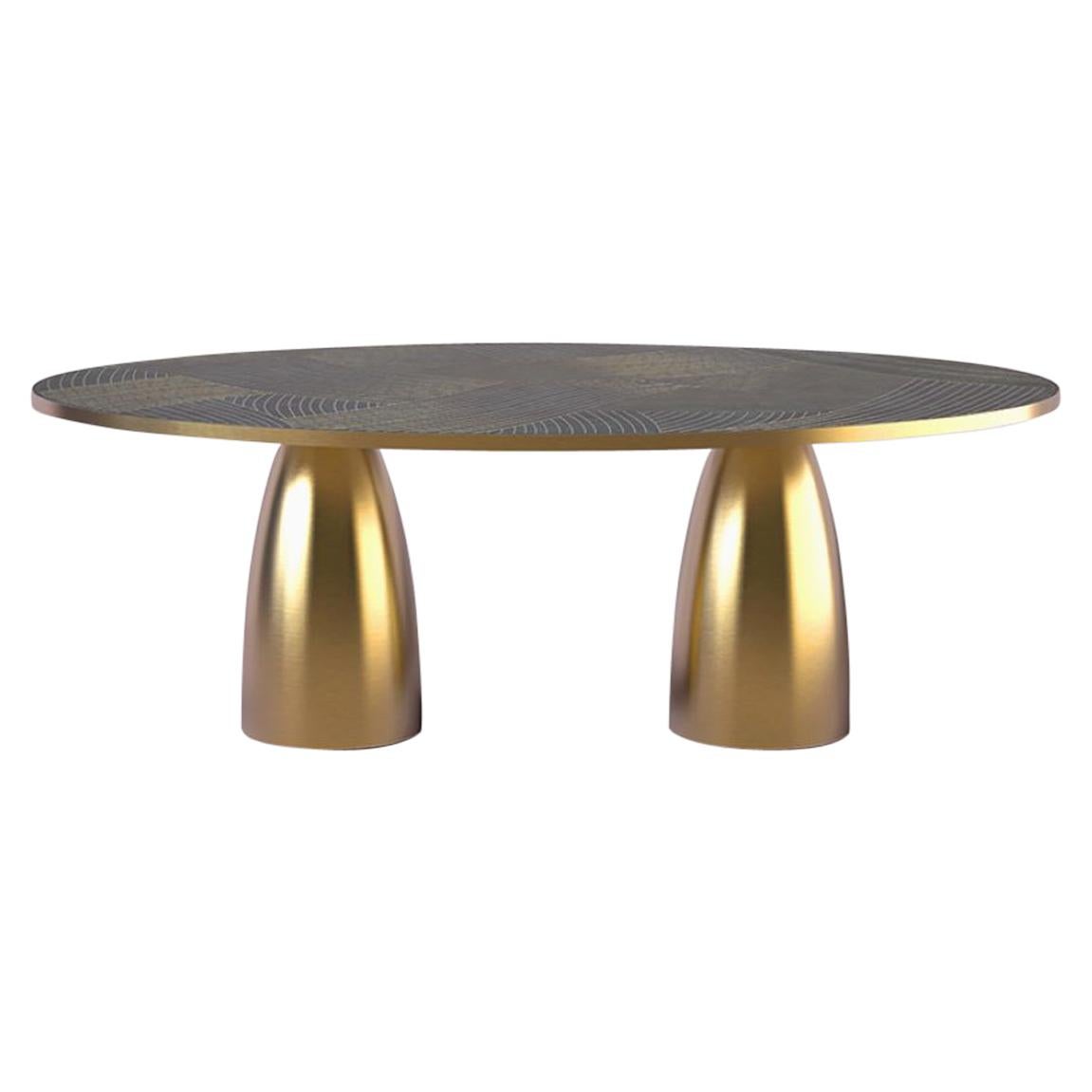 Bethan Gray Lustre Dhow Oval Dining Table Double Pedestal in Black and Brass