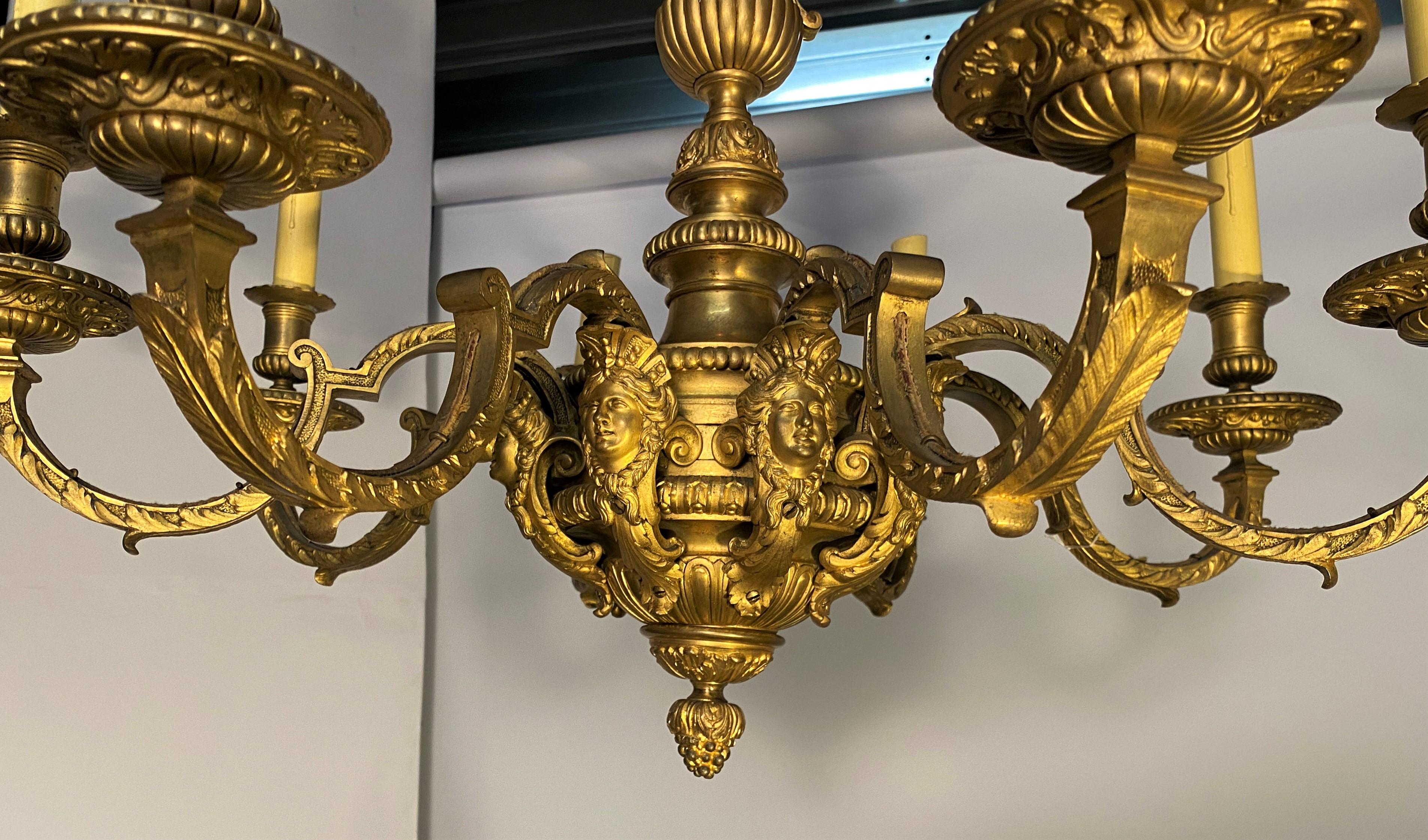 Louis XIV Style Gilt Bronze Chandelier Model Inspired By André Charles Boulle For Sale 5
