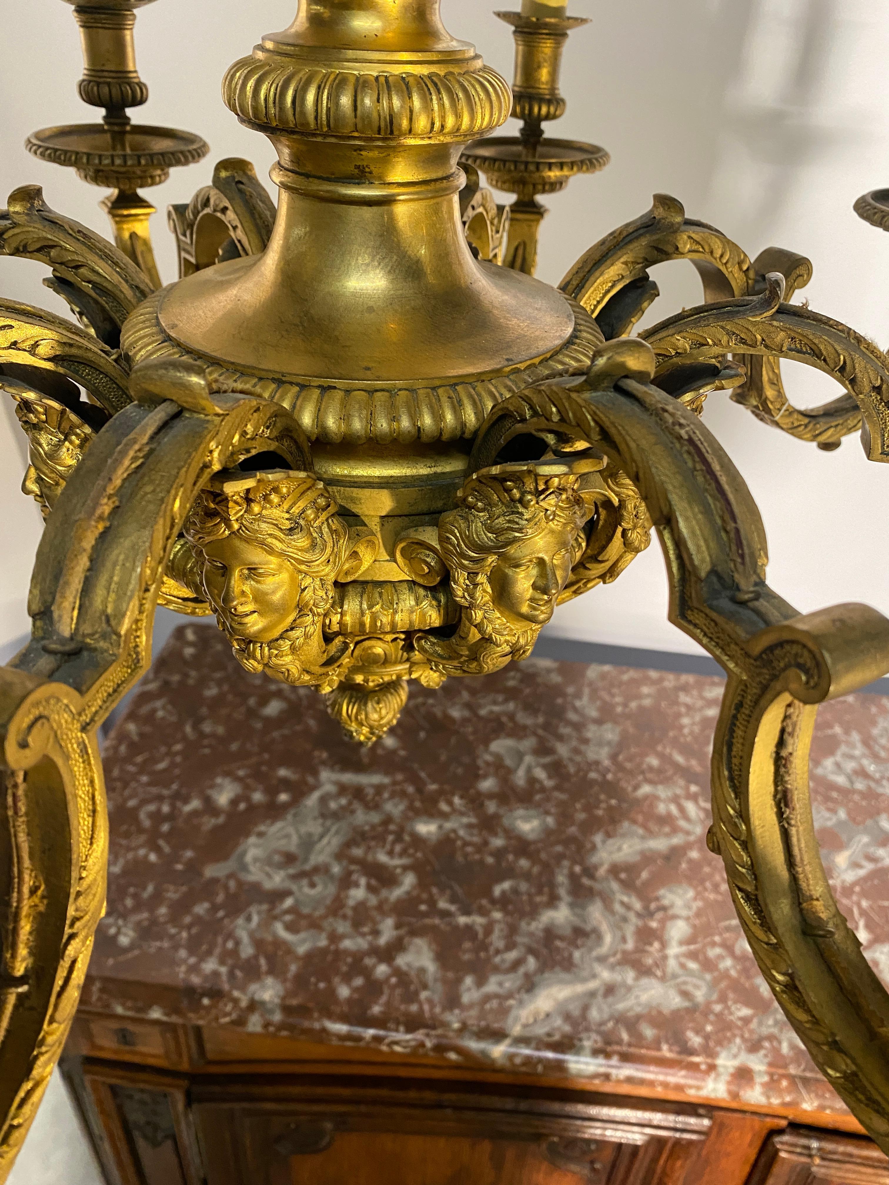 Louis XIV Style Gilt Bronze Chandelier Model Inspired By André Charles Boulle For Sale 6