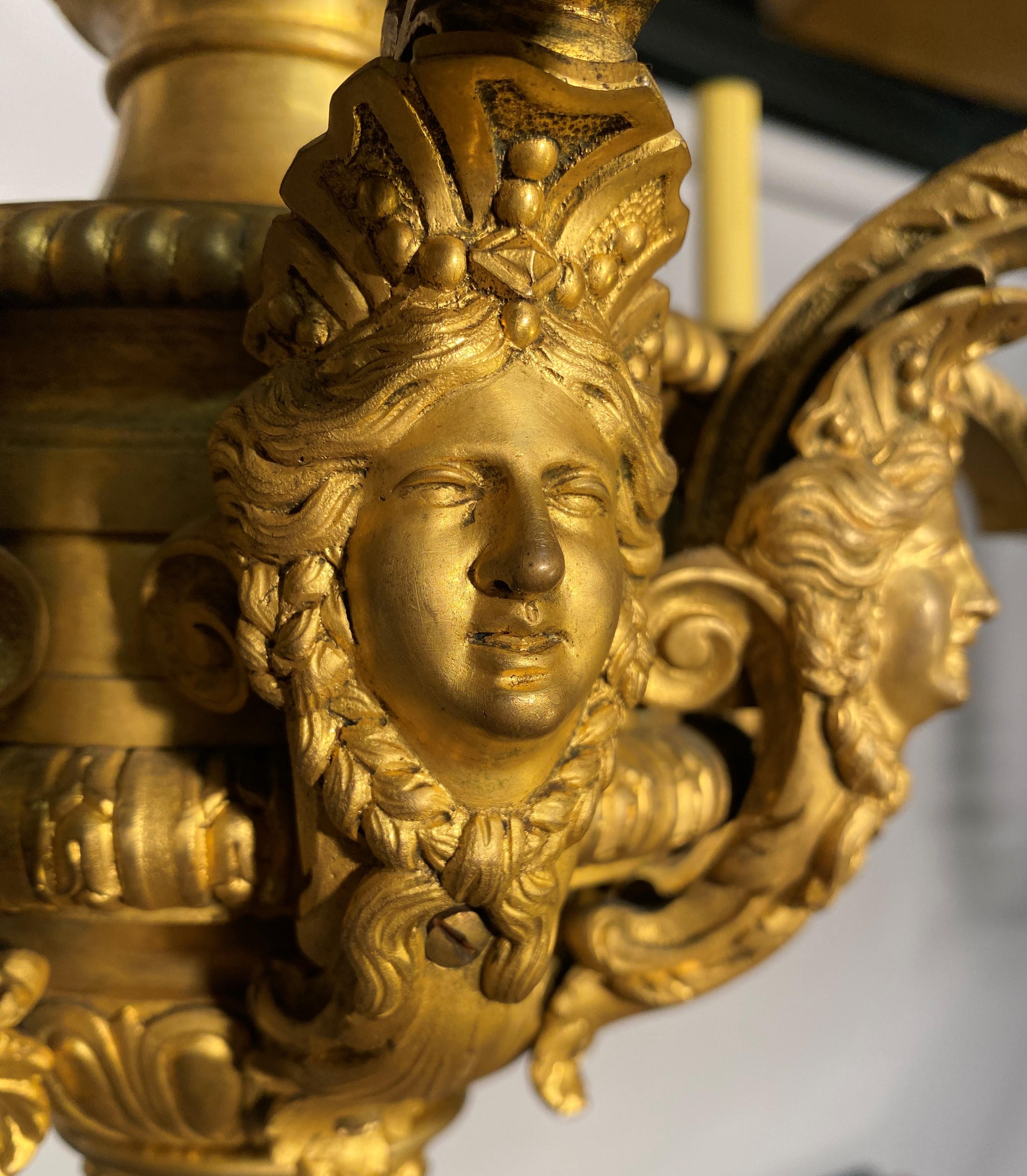 Carved Louis XIV Style Gilt Bronze Chandelier Model Inspired By André Charles Boulle For Sale