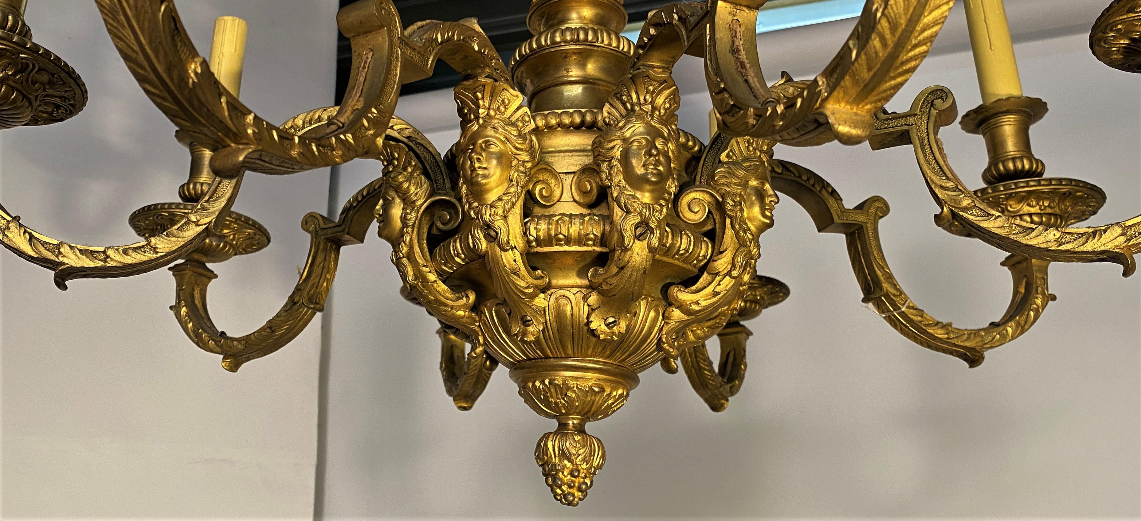 19th Century Louis XIV Style Gilt Bronze Chandelier Model Inspired By André Charles Boulle For Sale